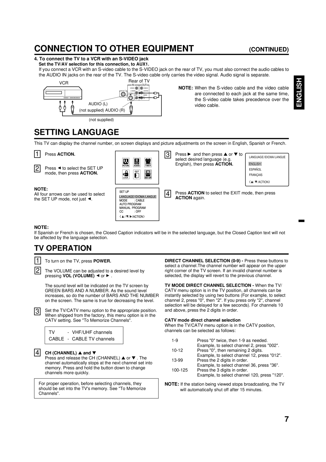 Panasonic CT-2701 owner manual Connection to Other Equipment, Setting Language, TV Operation, Press Action, CH Channel 