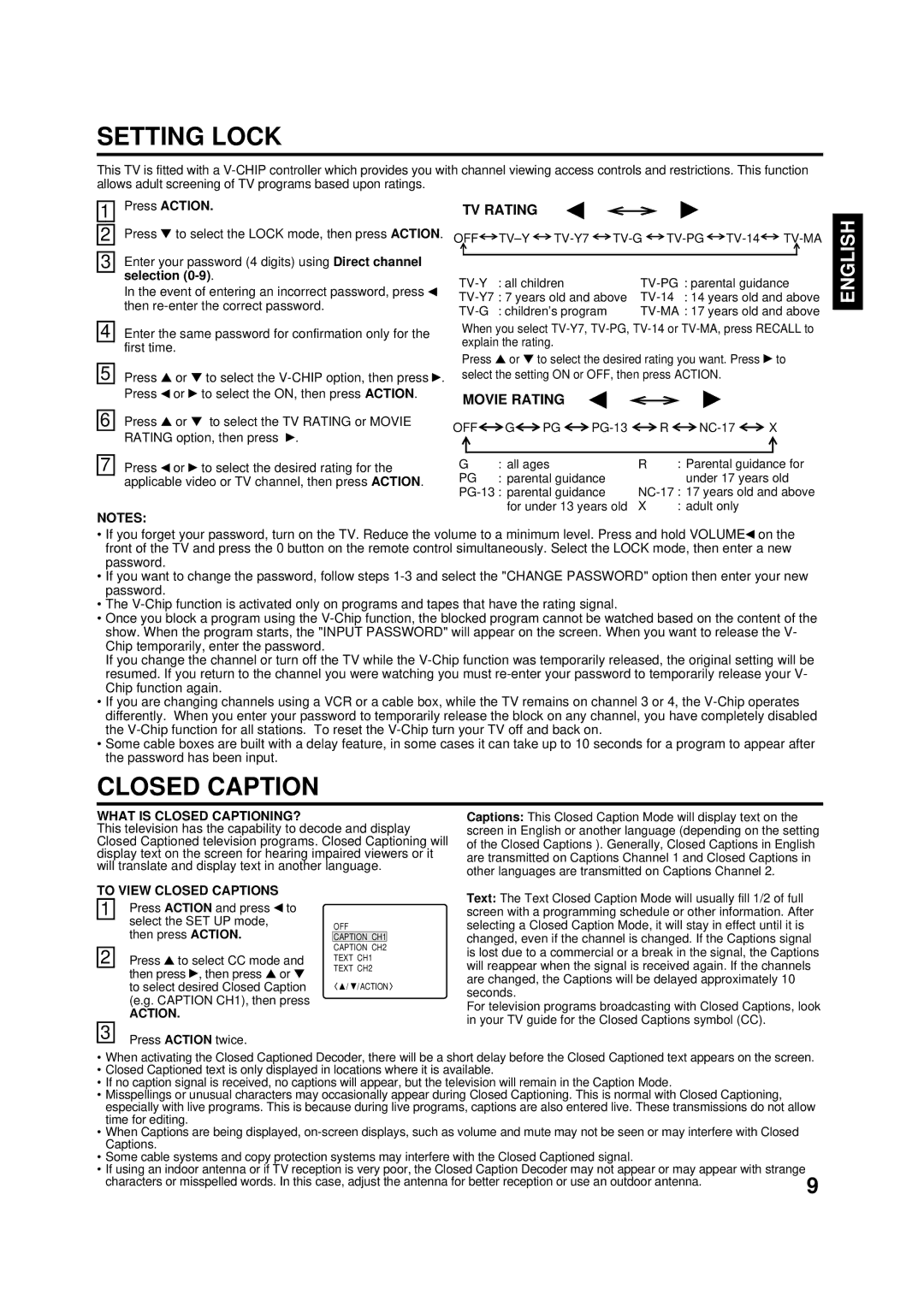 Panasonic CT-2701 owner manual Setting Lock, Closed Caption, TV Rating, Movie Rating 