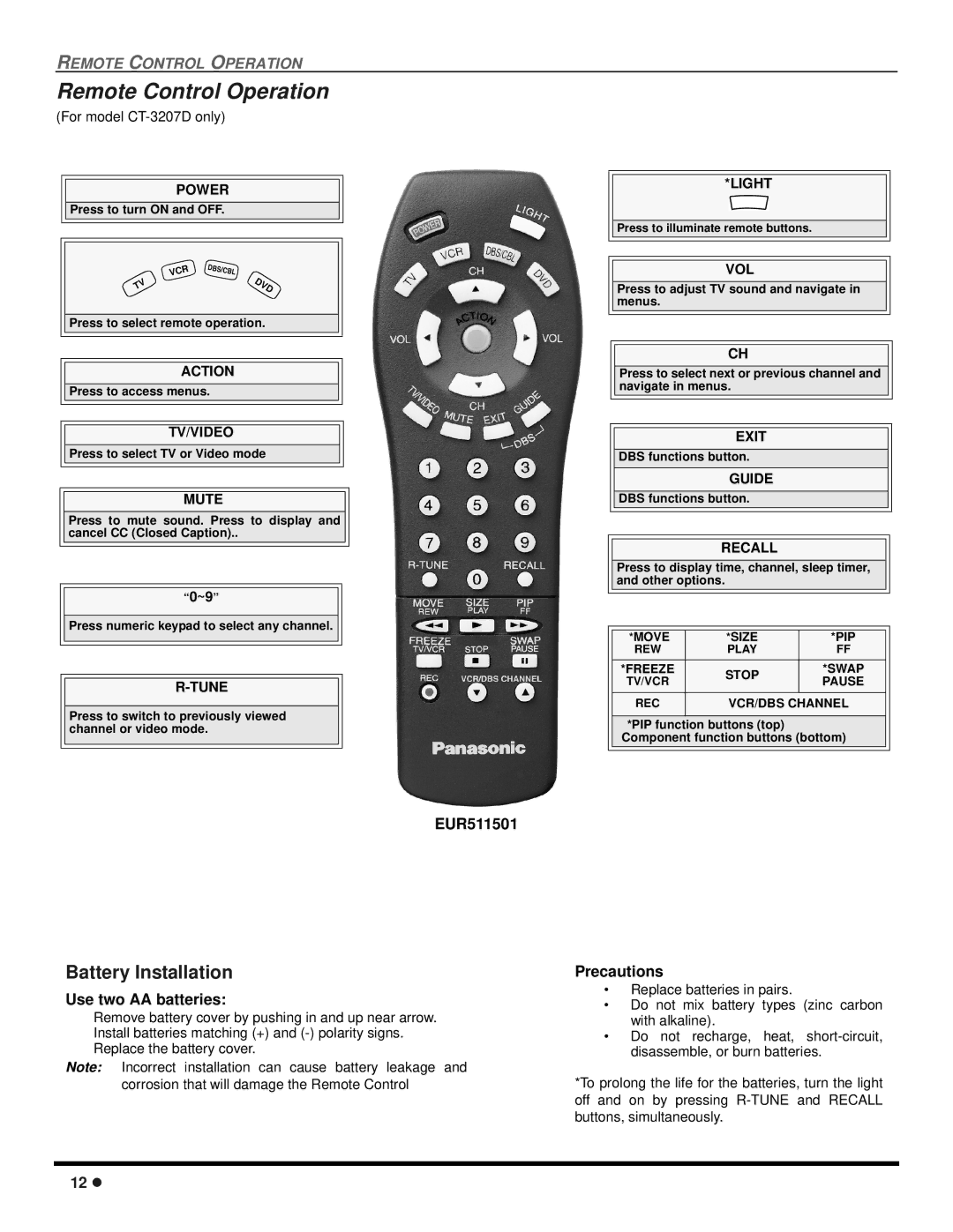 Panasonic CT-2707D, CT-3207D operating instructions EUR511501, For model CT-3207D only 