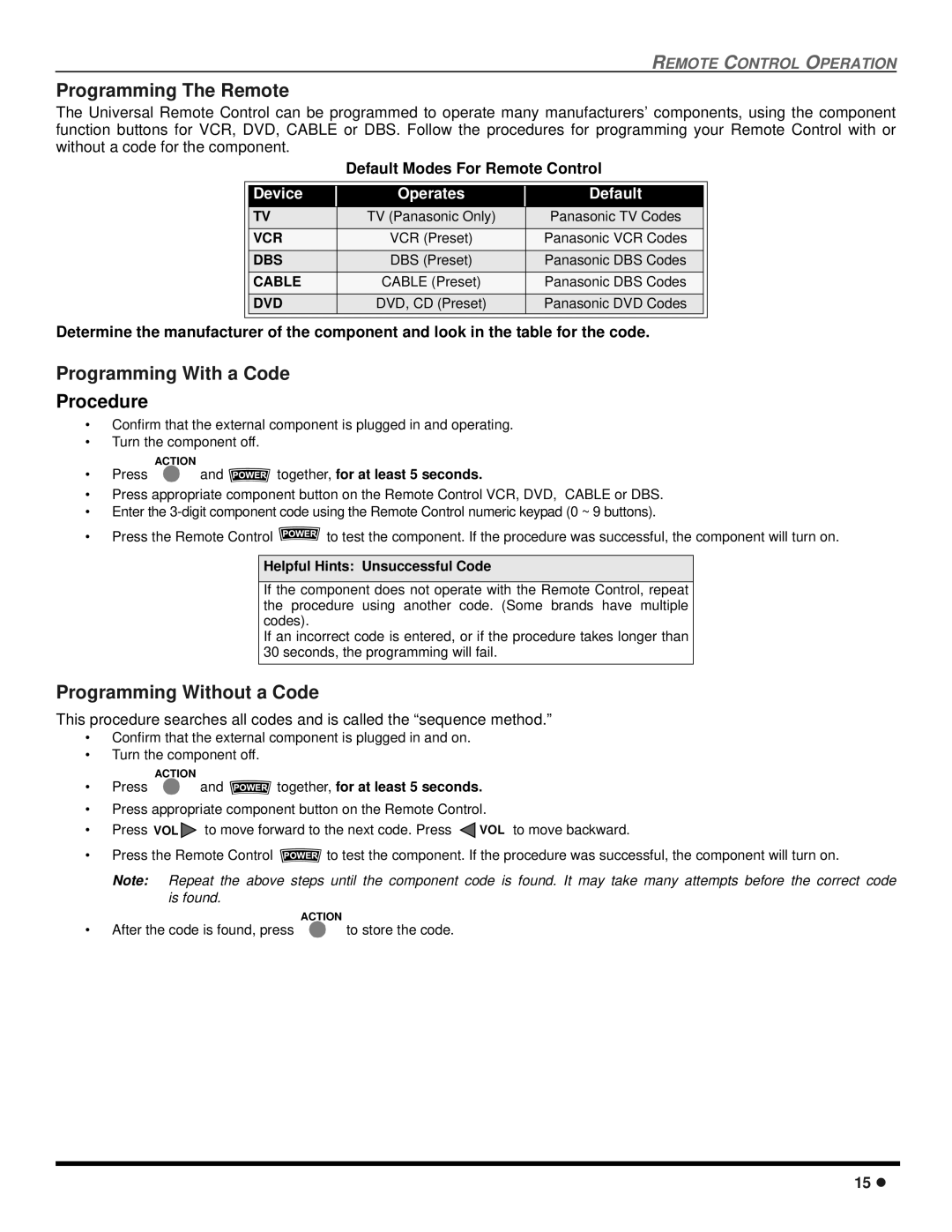 Panasonic CT-2707D, CT-3207D Programming The Remote, Programming With a Code, Programming Without a Code 