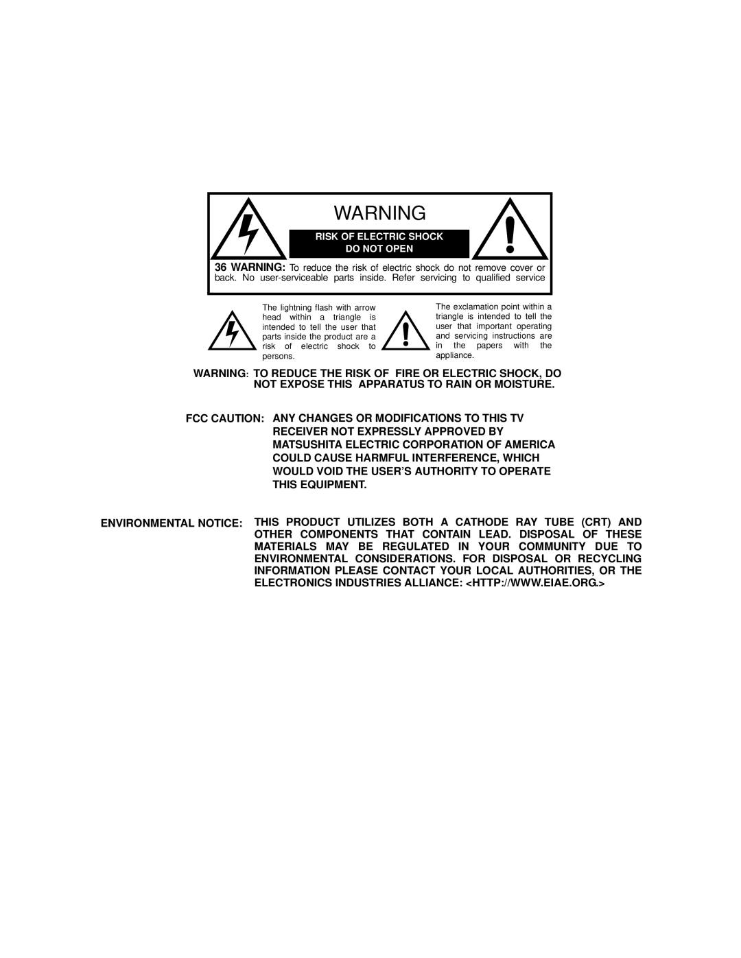 Panasonic CT-2707D, CT-3207D operating instructions Risk of Electric Shock Do not Open 