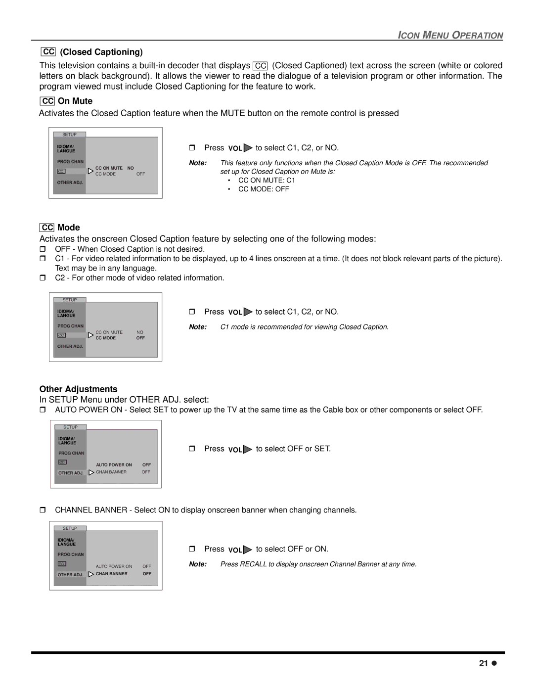 Panasonic CT-2707D, CT-3207D operating instructions CC Mode, Other Adjustments 