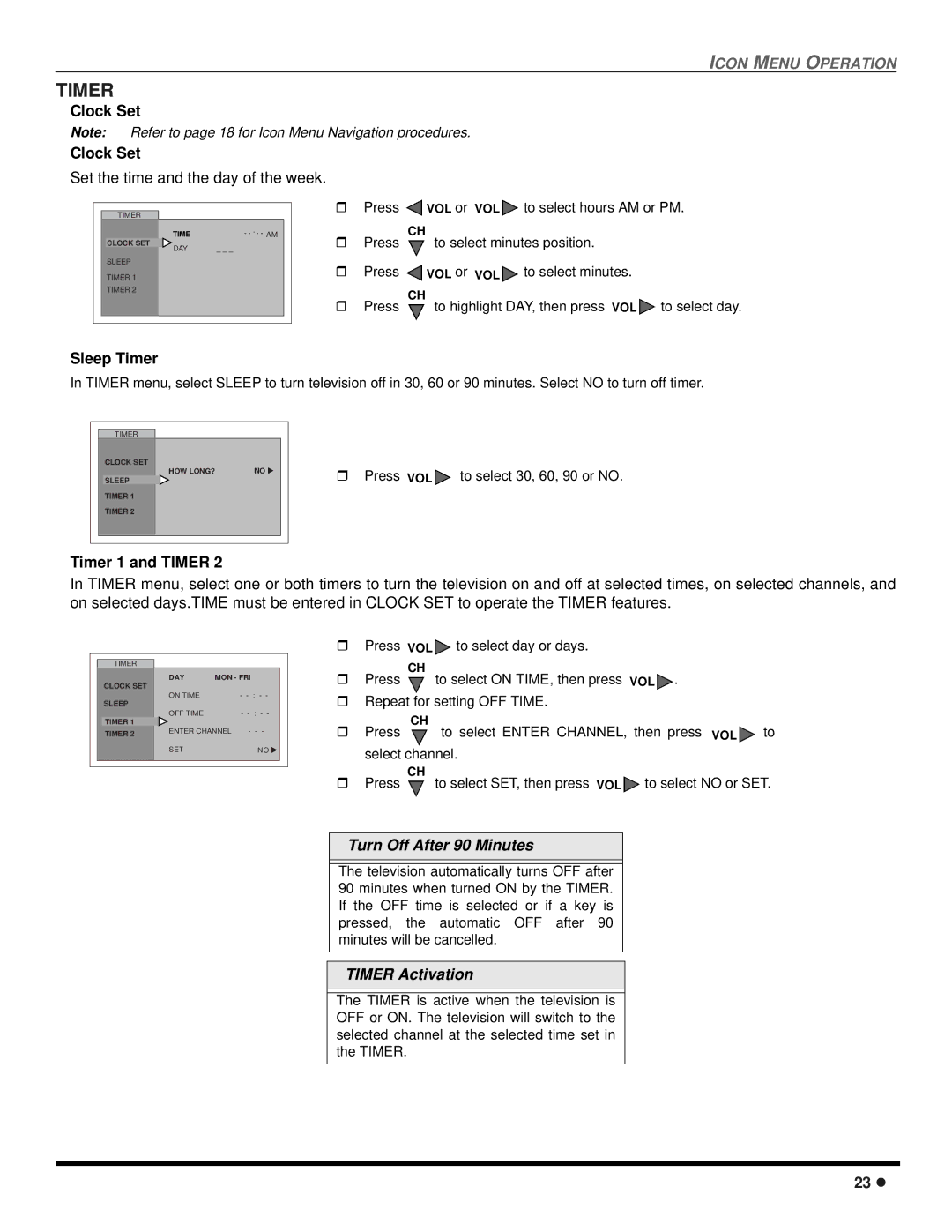 Panasonic CT-2707D, CT-3207D operating instructions Clock Set, Timer 1 and Timer 