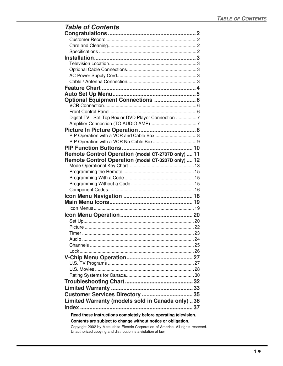 Panasonic CT-2707D, CT-3207D operating instructions Table of Contents 