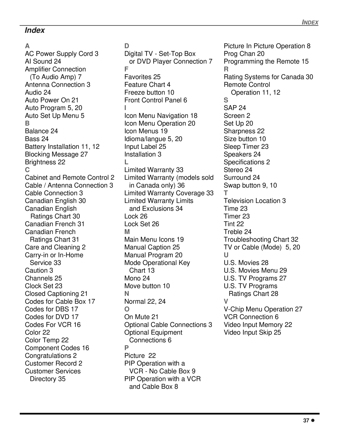 Panasonic CT-2707D, CT-3207D operating instructions Index 