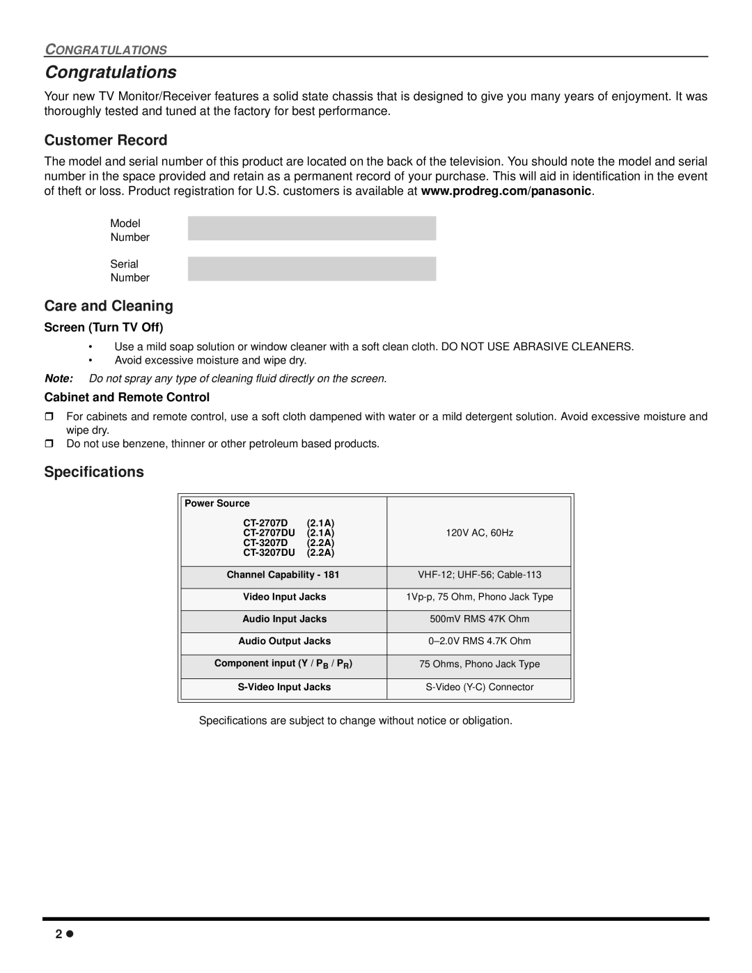 Panasonic CT-2707D, CT-3207D operating instructions Congratulations, Customer Record, Care and Cleaning, Specifications 