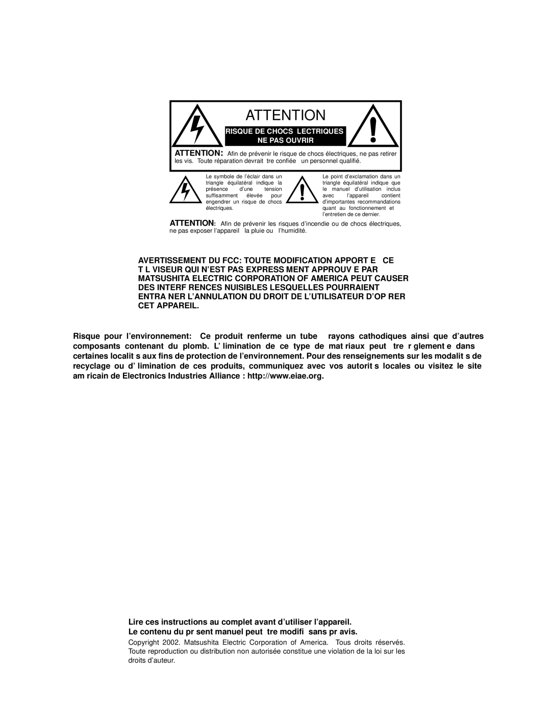 Panasonic CT-2707D, CT-3207D operating instructions Risque DE Chocs Électriques NE PAS Ouvrir 