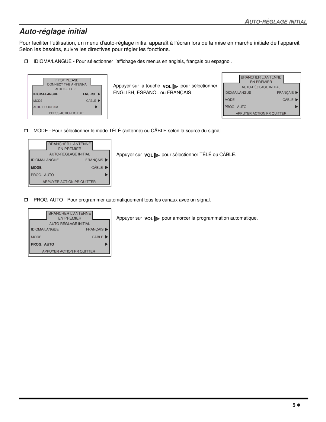 Panasonic CT-2707D, CT-3207D operating instructions Auto-réglage initial 