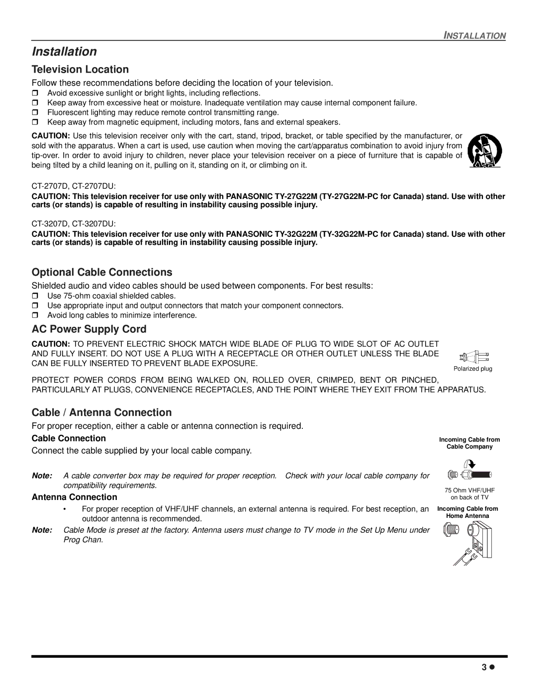 Panasonic CT-2707D, CT-3207D Installation, Television Location, Optional Cable Connections, AC Power Supply Cord 