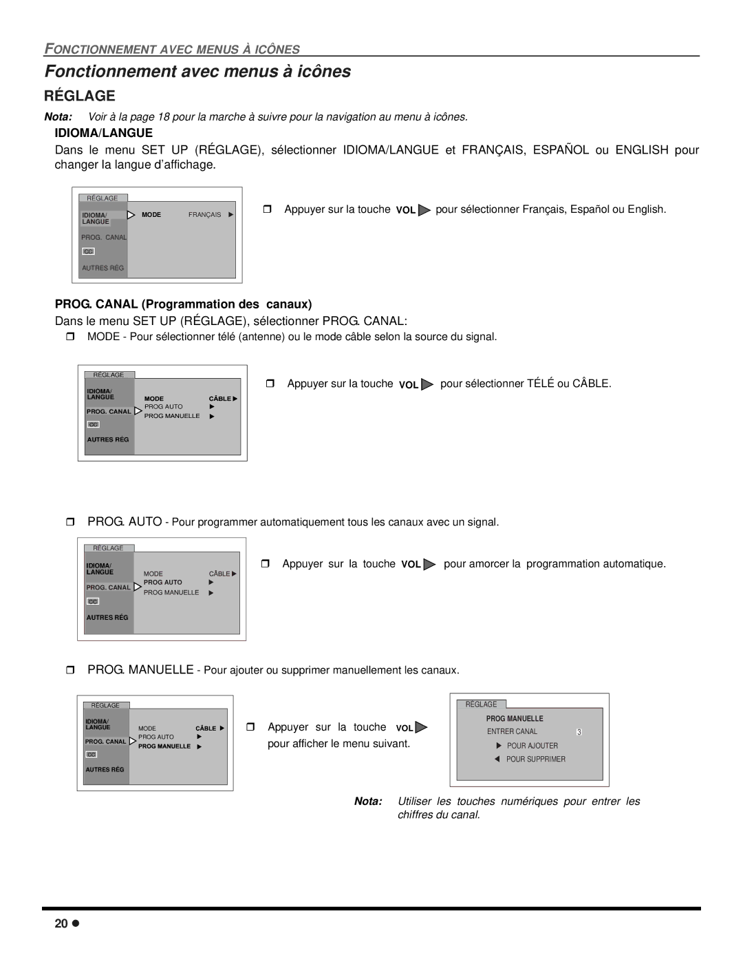 Panasonic CT-2707D, CT-3207D Fonctionnement avec menus à icônes, Réglage, PROG. Canal Programmation des canaux 