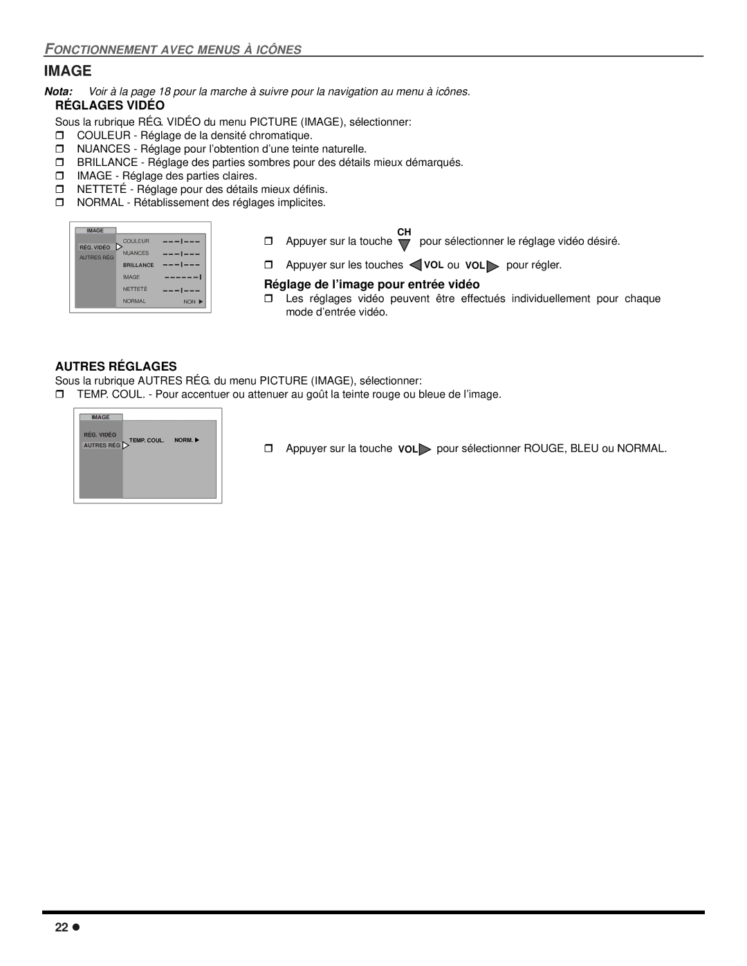 Panasonic CT-2707D, CT-3207D operating instructions Image, Réglages Vidéo, Réglage de l’image pour entrée vidéo 