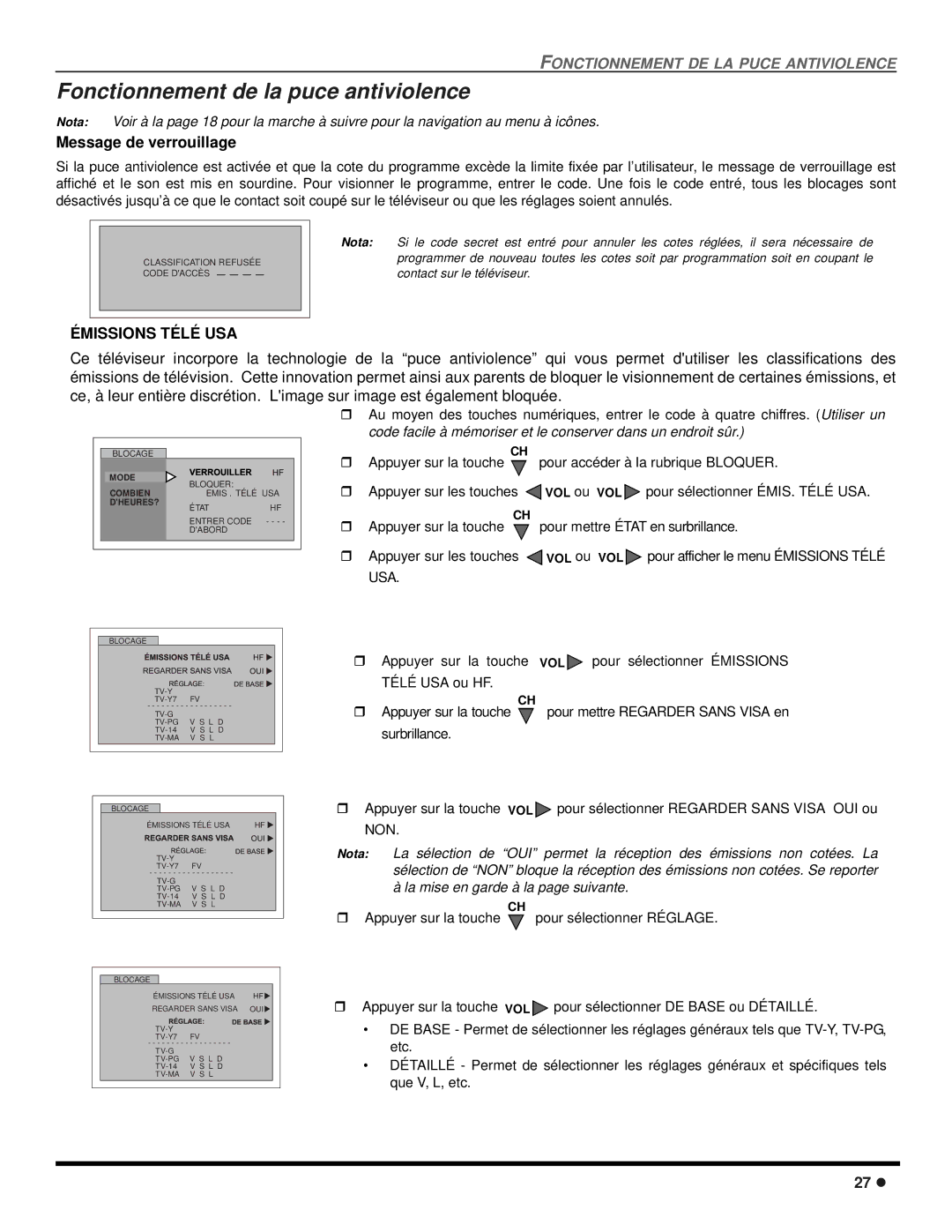 Panasonic CT-2707D, CT-3207D Fonctionnement de la puce antiviolence, Message de verrouillage, Émissions Télé USA 