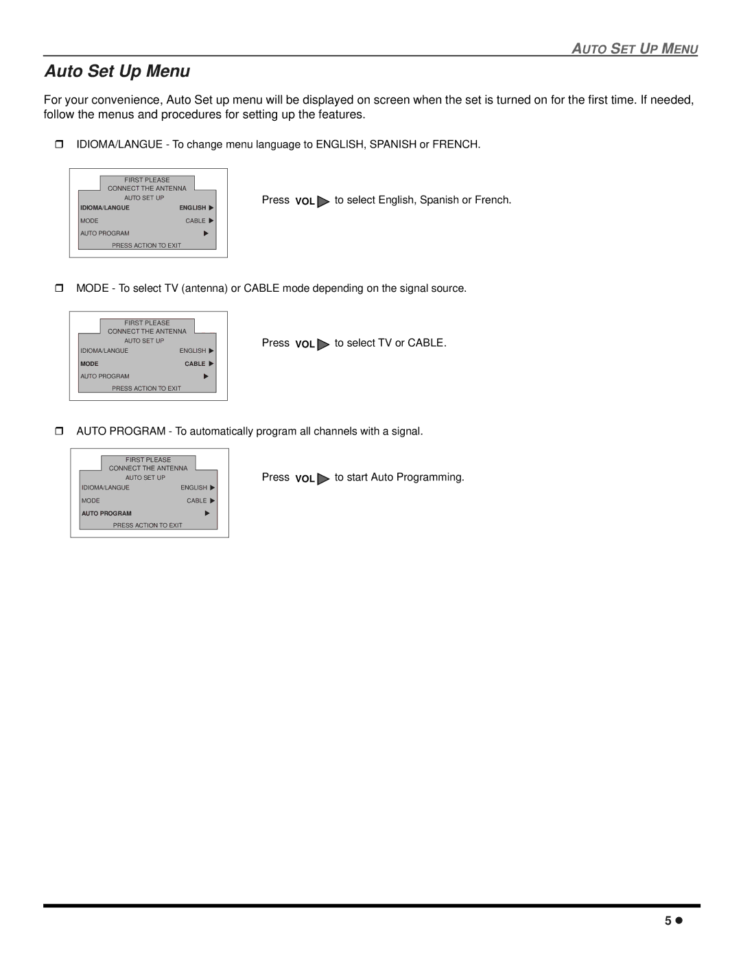 Panasonic CT-2707D, CT-3207D operating instructions Auto Set Up Menu, Press VOL To select TV or Cable 