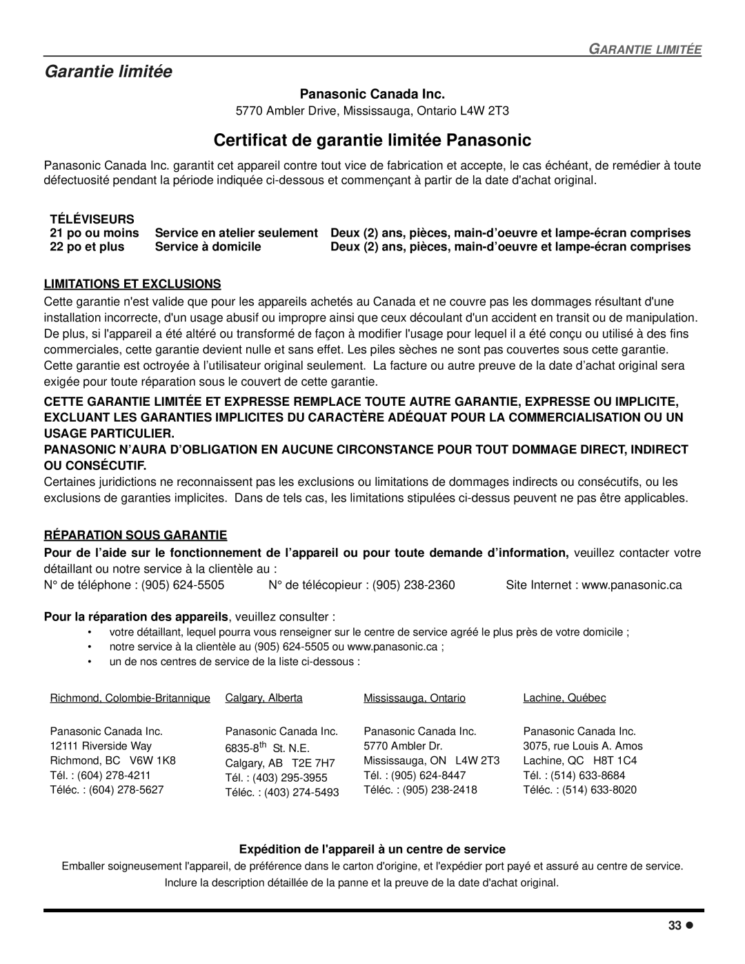 Panasonic CT-2707D, CT-3207D Garantie limitée, Téléviseurs, Limitations ET Exclusions, Réparation Sous Garantie 