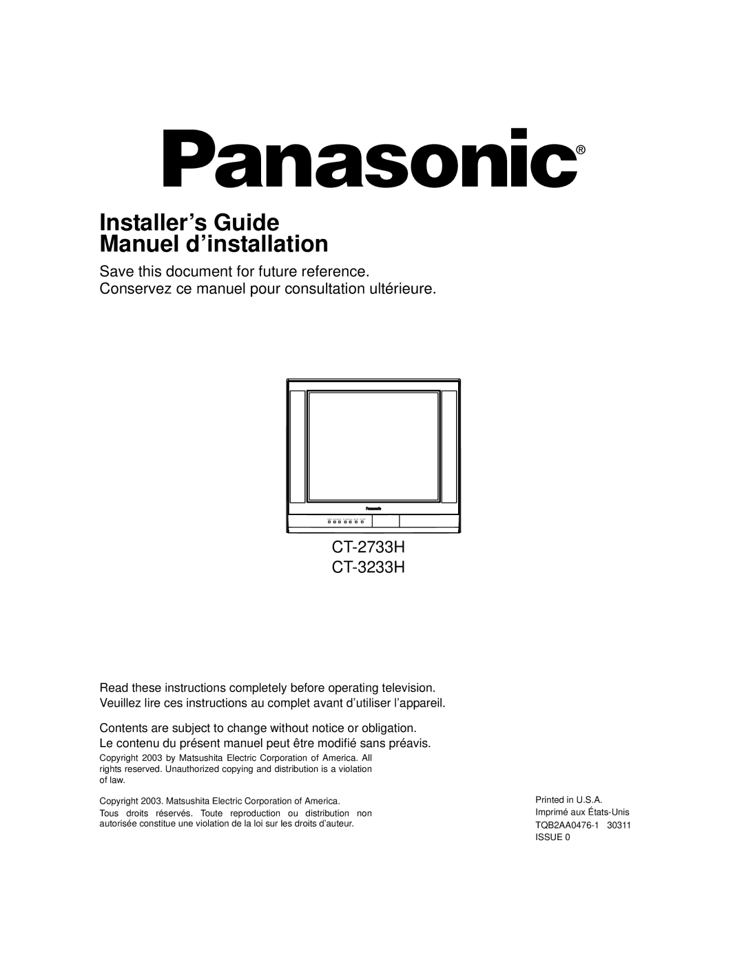 Panasonic CT-3233H, CT-2733H manual Installer’s Guide Manuel d’installation 