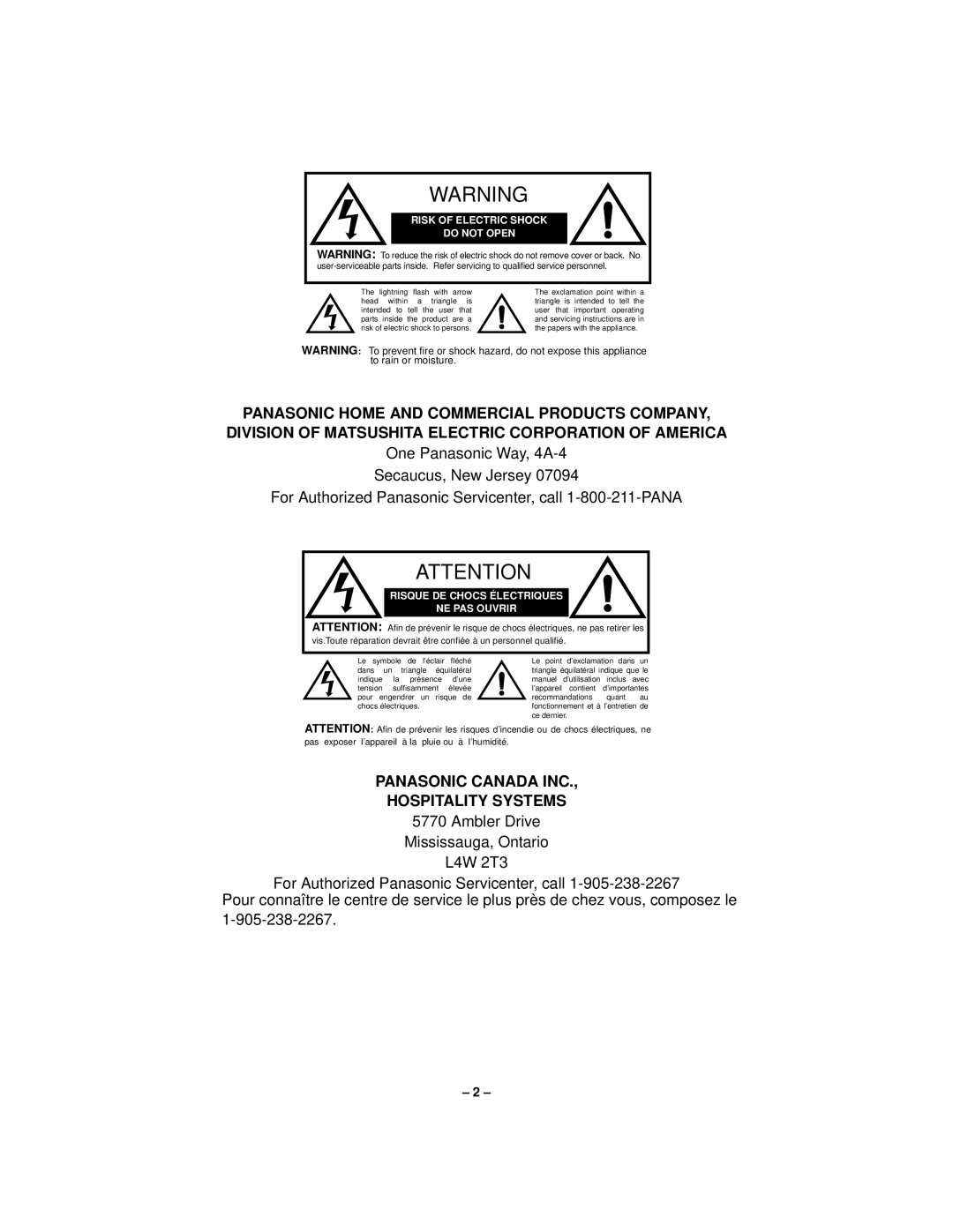 Panasonic CT-2733H, CT-3233H manual Panasonic Canada INC Hospitality Systems 