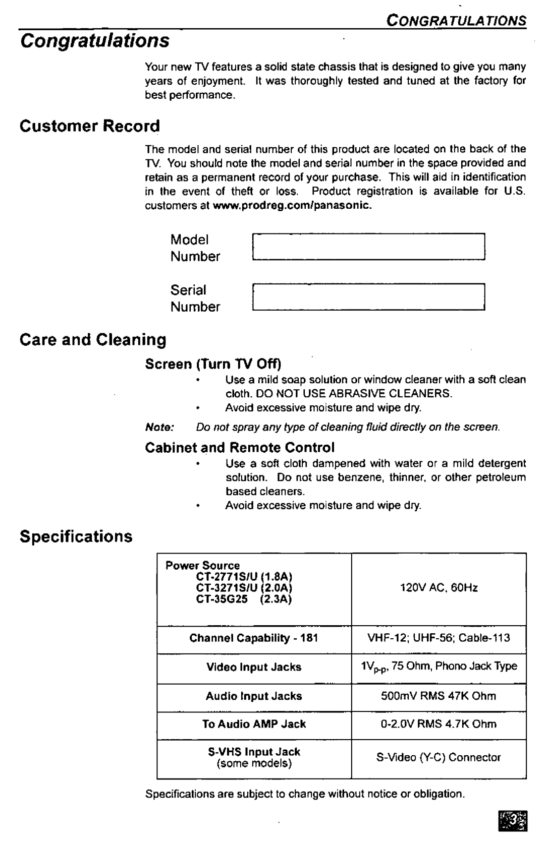 Panasonic CT-35G25, CT-2771S, CT-G2178X, CT-G2188L, CT-3271S manual 