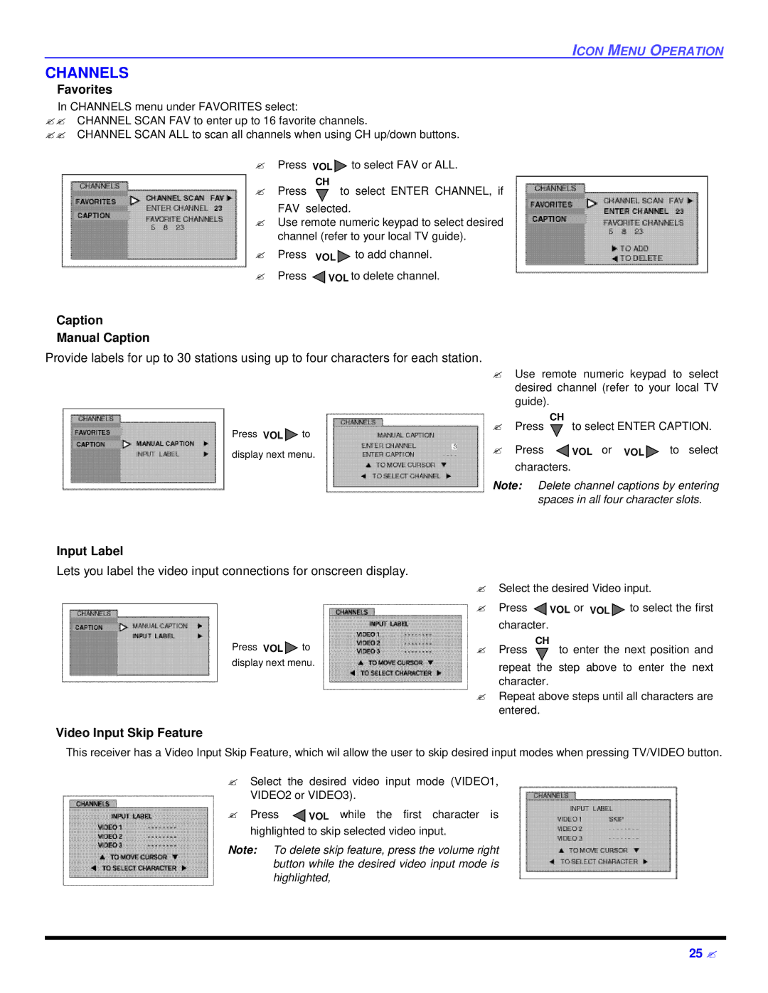 Panasonic CT 27D32 manual Channels, Favorites, Caption Manual Caption, Input Label, Video Input Skip Feature 