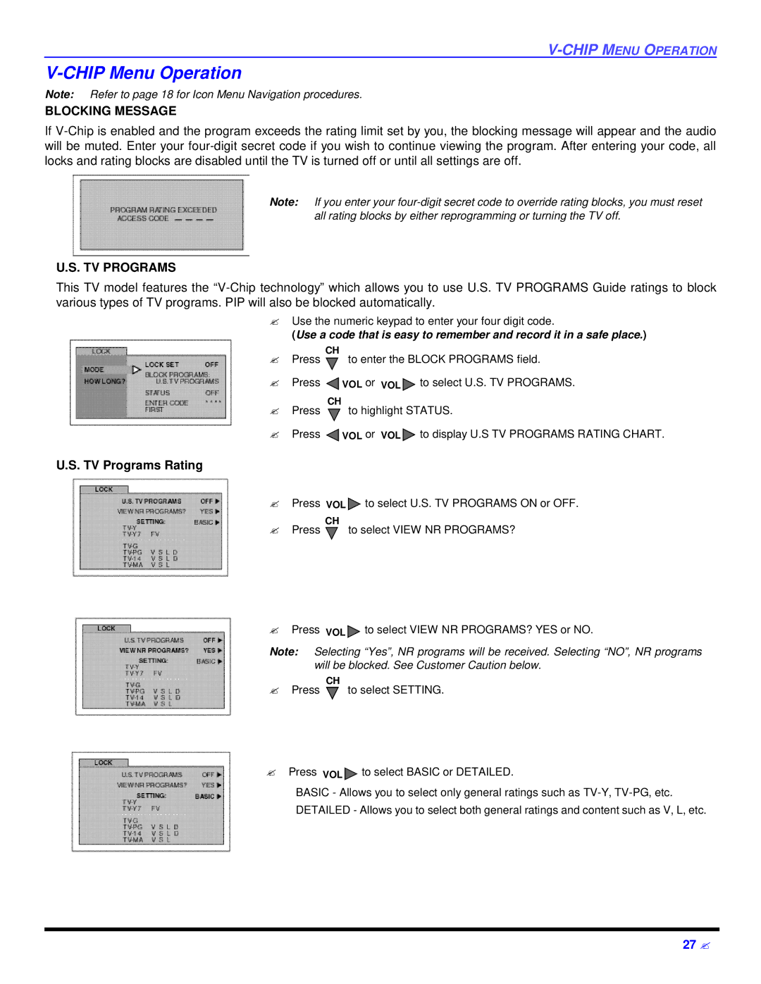 Panasonic CT 27D32 manual Chip Menu Operation, TV Programs Rating 