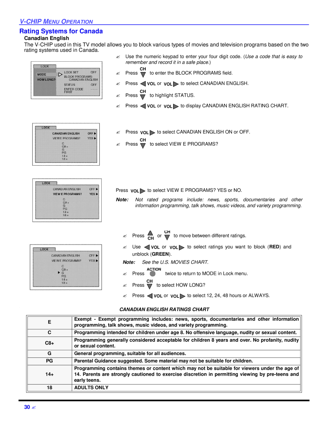 Panasonic CT 27D32 manual Rating Systems for Canada, Canadian English 