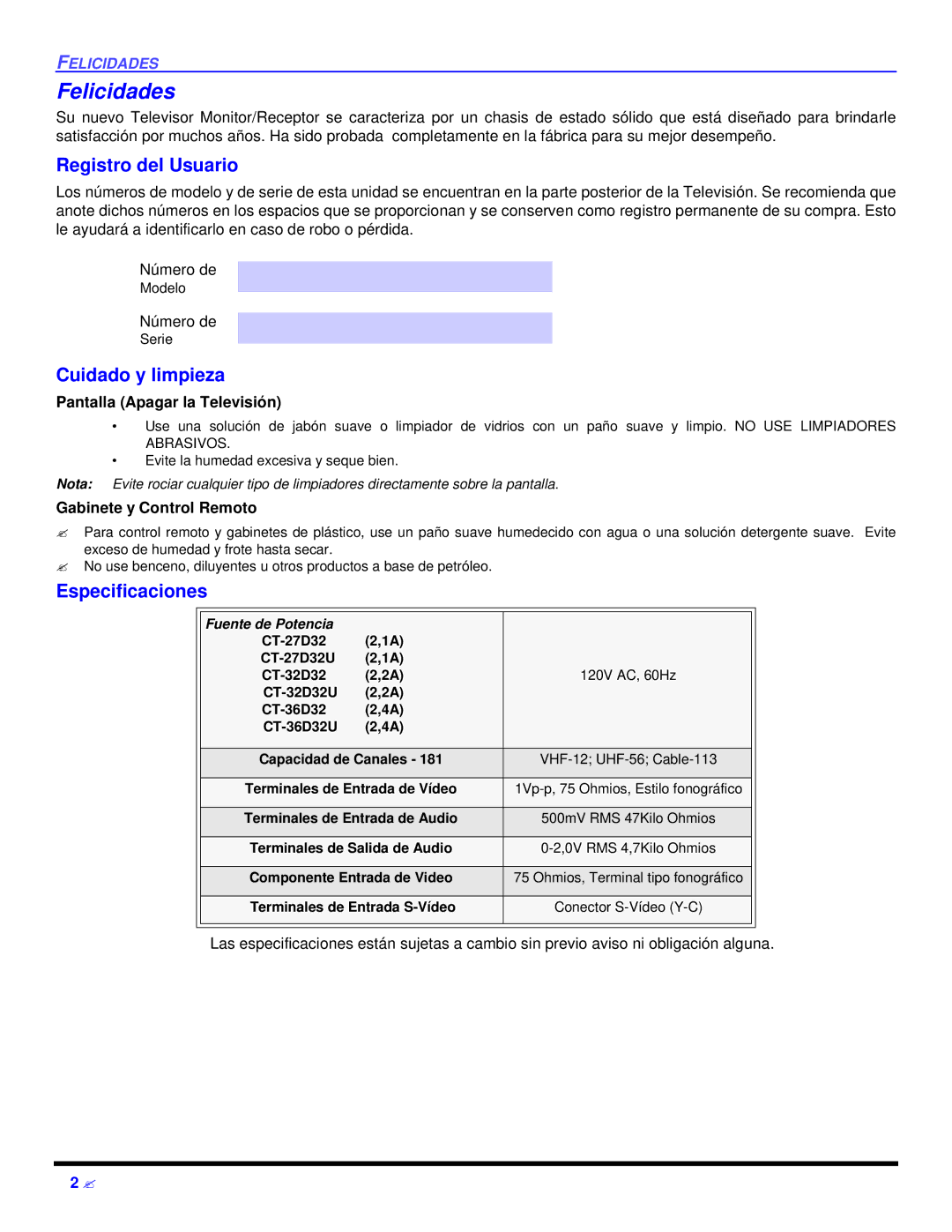 Panasonic CT 27D32 manual Felicidades, Registro del Usuario, Cuidado y limpieza, Especificaciones 