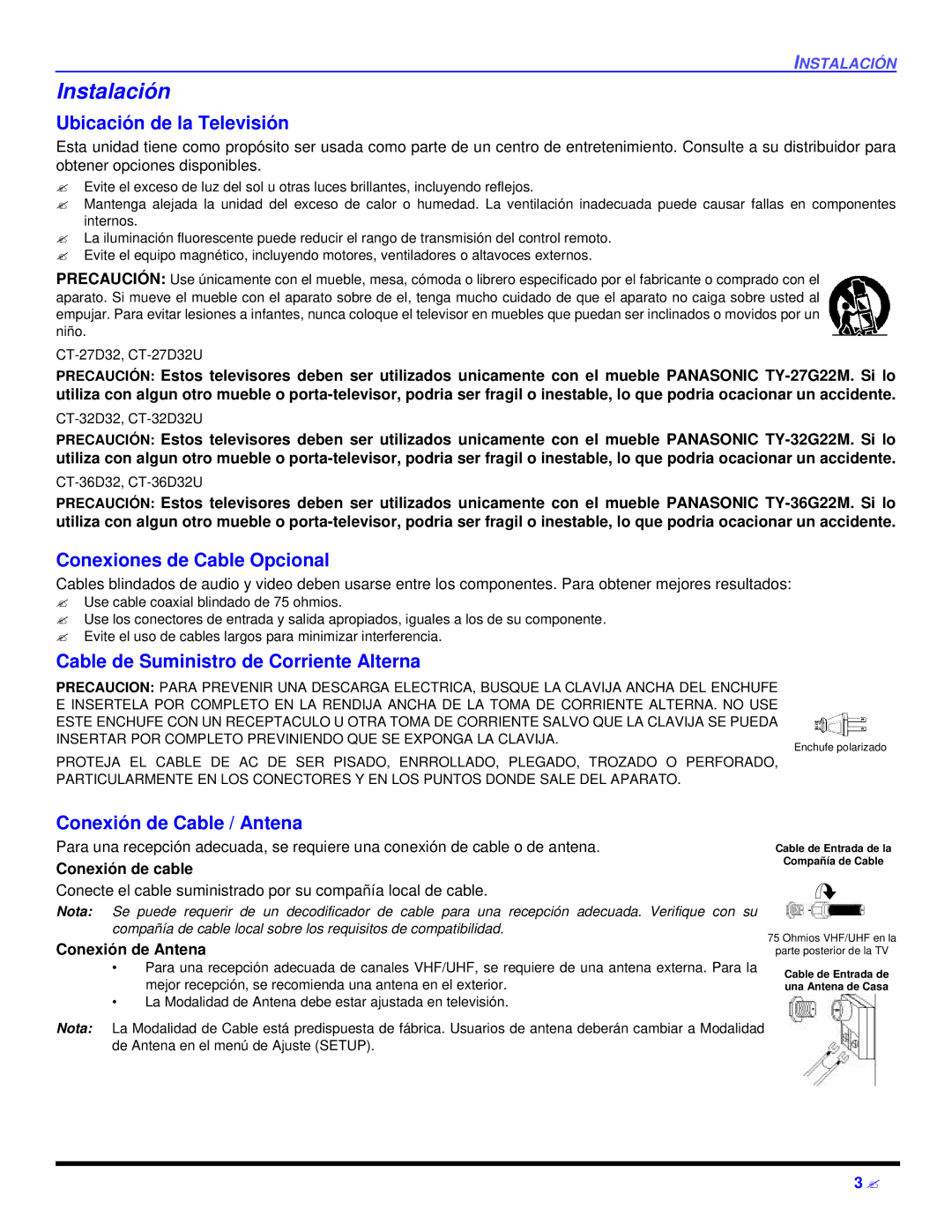 Panasonic CT 27D32 manual Instalación, Ubicación de la Televisión, Conexiones de Cable Opcional, Conexión de Cable / Antena 