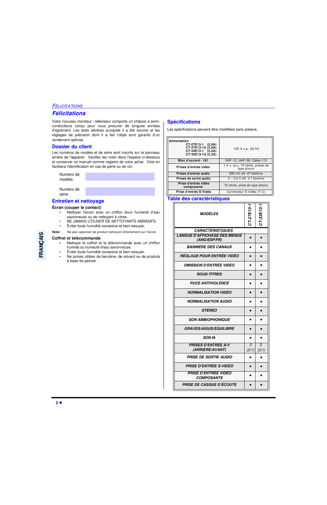 Panasonic CT-27E13-1, CT-32E13-1 Félicitations, Spécifications, Dossier du client, Entretien et nettoyage 