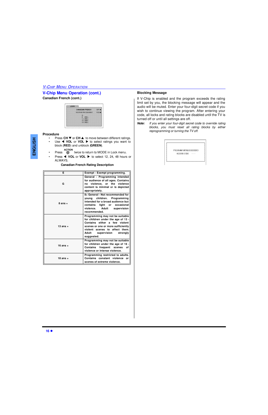 Panasonic CT-27SC13 manuel dutilisation Canadian French Procedure, Blocking Message 