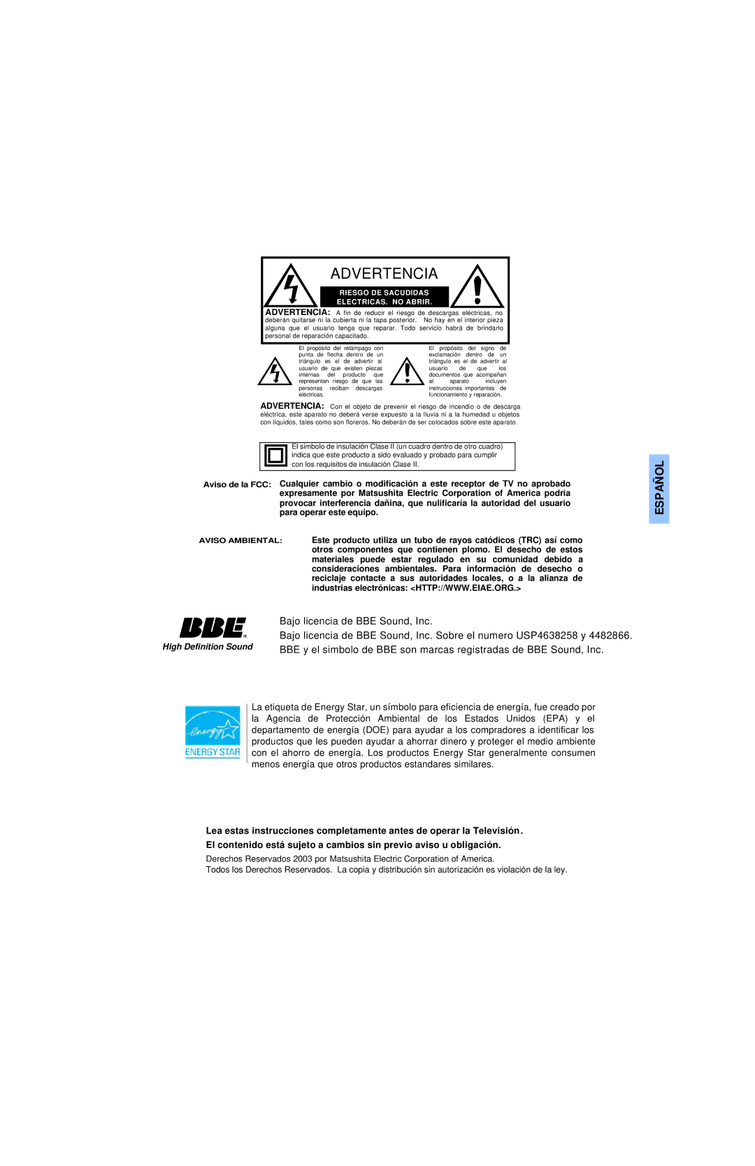 Panasonic CT-27SC13 manuel dutilisation Advertencia 