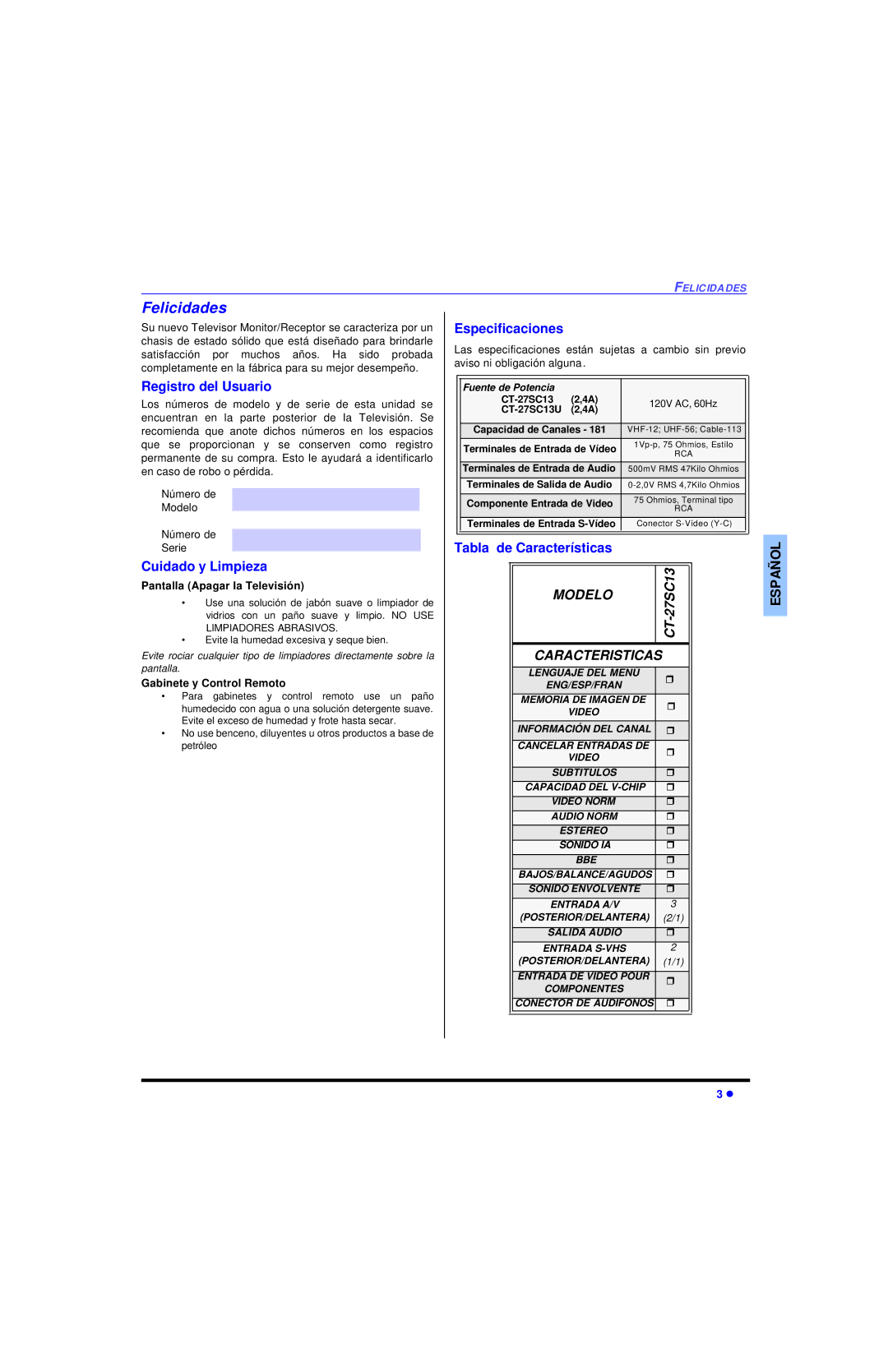 Panasonic CT-27SC13 Felicidades, Especificaciones, Registro del Usuario, Cuidado y Limpieza, Tabla de Características 