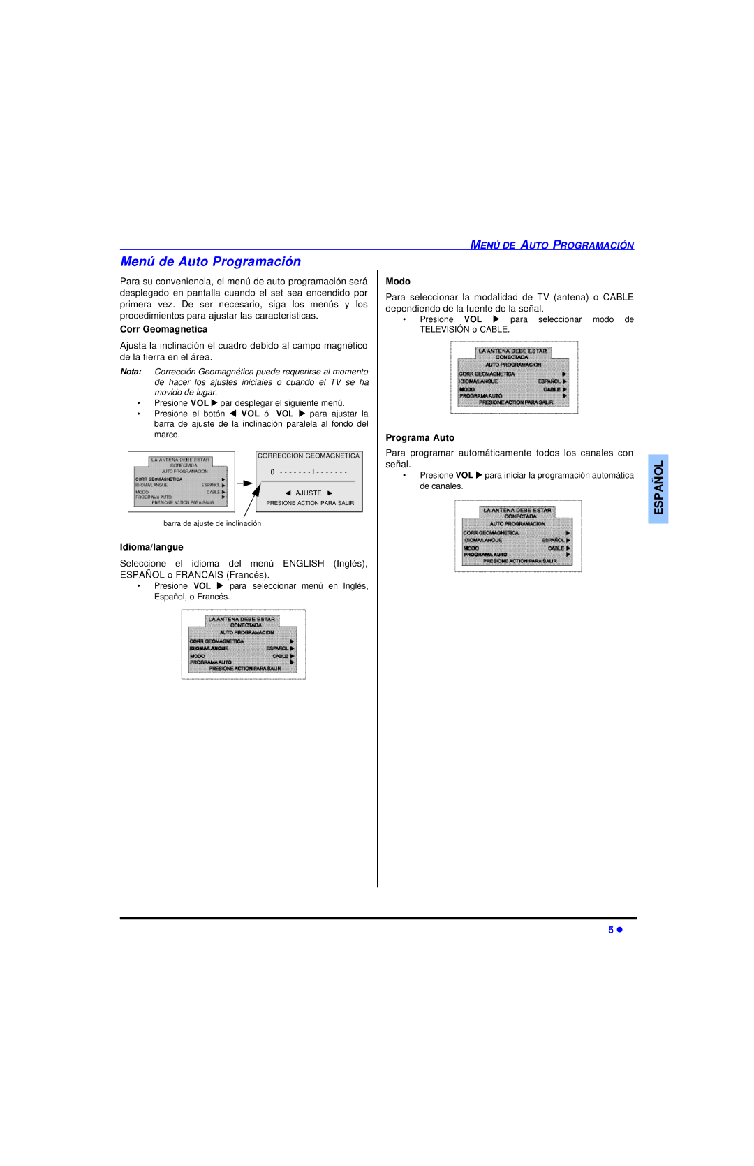 Panasonic CT-27SC13 manuel dutilisation Menú de Auto Programación, Corr Geomagnetica, Modo, Programa Auto 