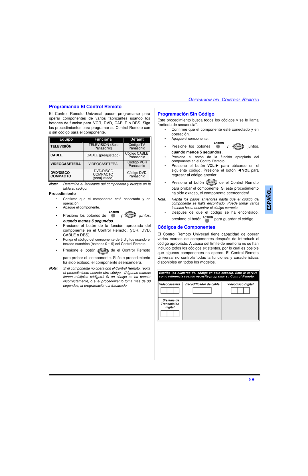 Panasonic CT-27SC13 manuel dutilisation Programando El Control Remoto, Programación Sin Código, Códigos de Componentes 