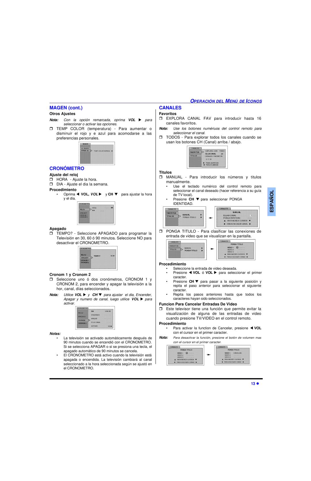 Panasonic CT-27SC13 manuel dutilisation Magen, Cronómetro, Canales 