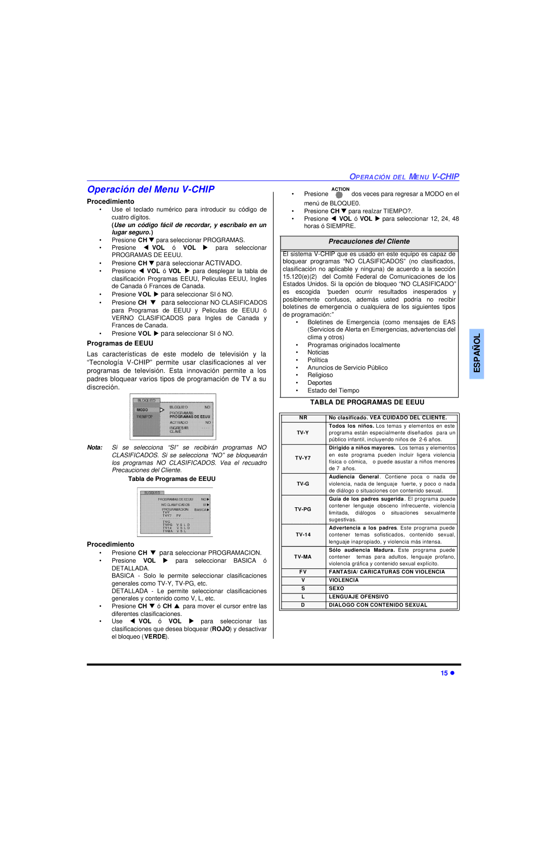 Panasonic CT-27SC13 manuel dutilisation Operación del Menu V-CHIP, Programas de Eeuu, Tabla DE Programas DE Eeuu 