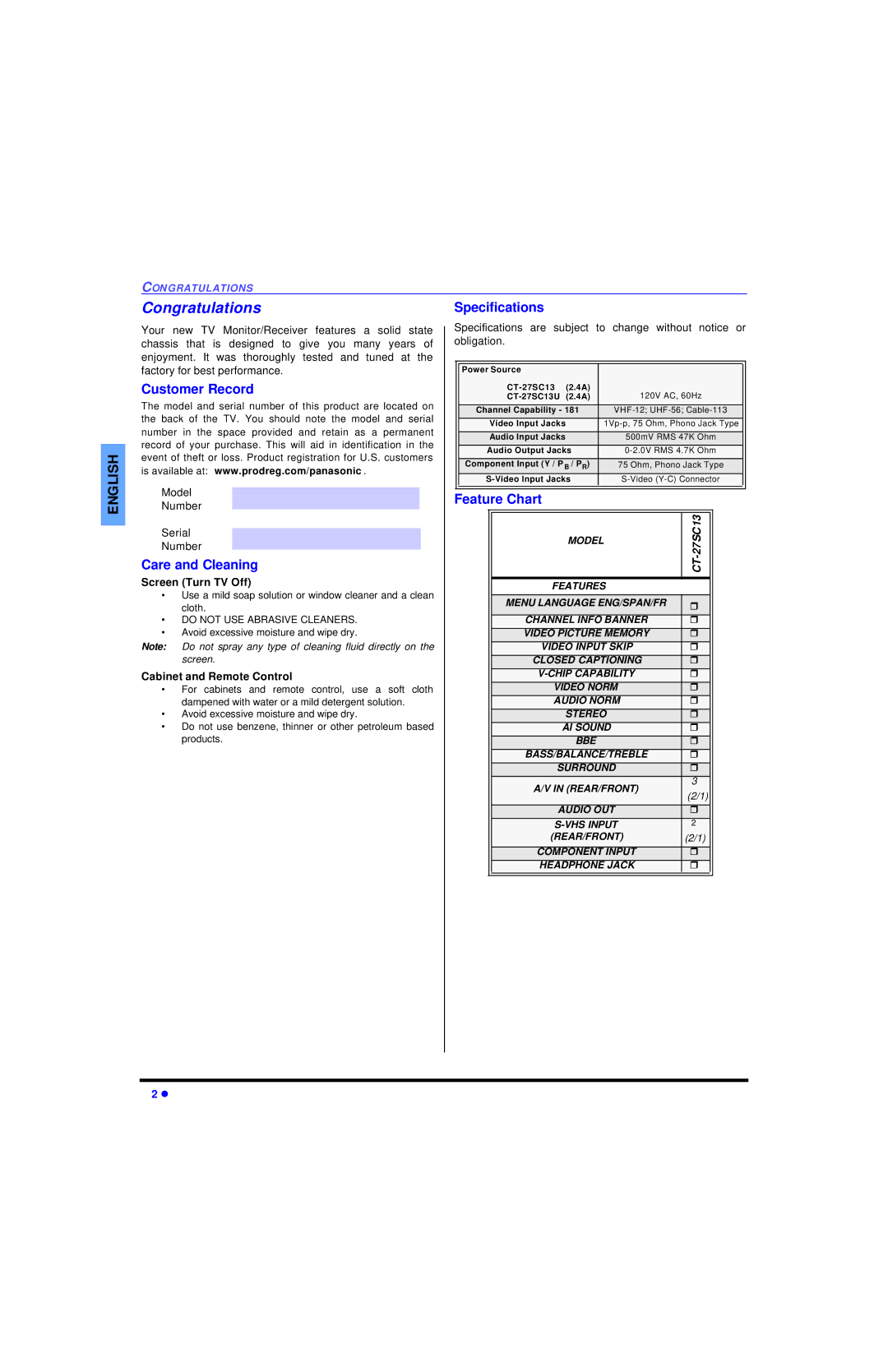 Panasonic CT-27SC13 manuel dutilisation Congratulations, Specifications, Customer Record, Care and Cleaning, Feature Chart 