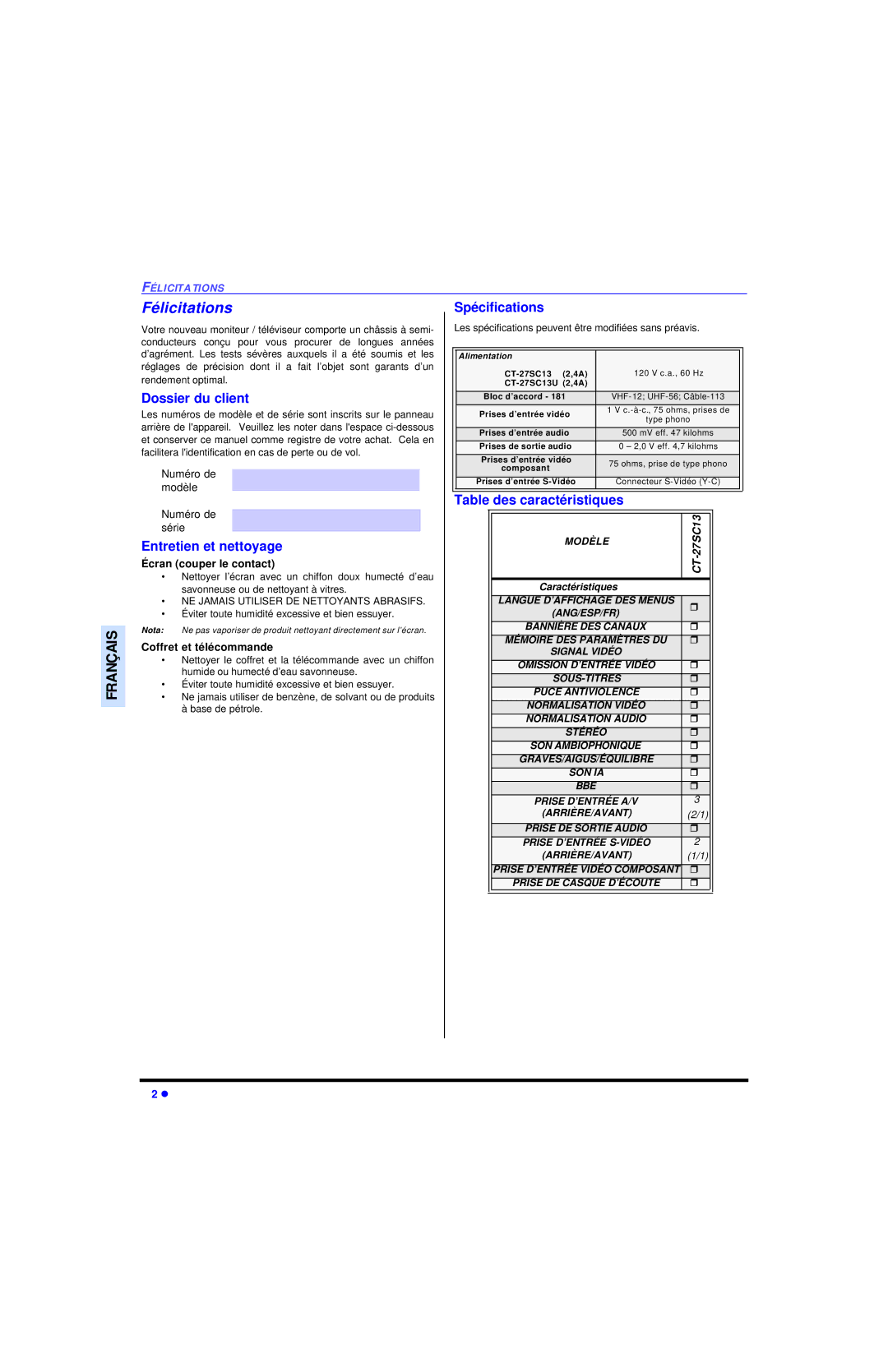 Panasonic CT-27SC13 Félicitations, Spécifications, Dossier du client, Entretien et nettoyage, Table des caractéristiques 