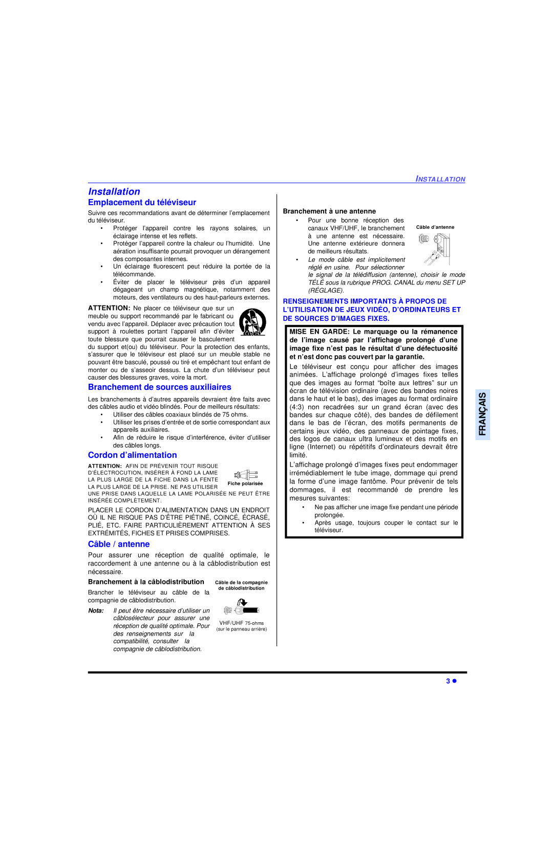 Panasonic CT-27SC13 Emplacement du téléviseur, Branchement de sources auxiliaires, Cordon d’alimentation, Câble / antenne 