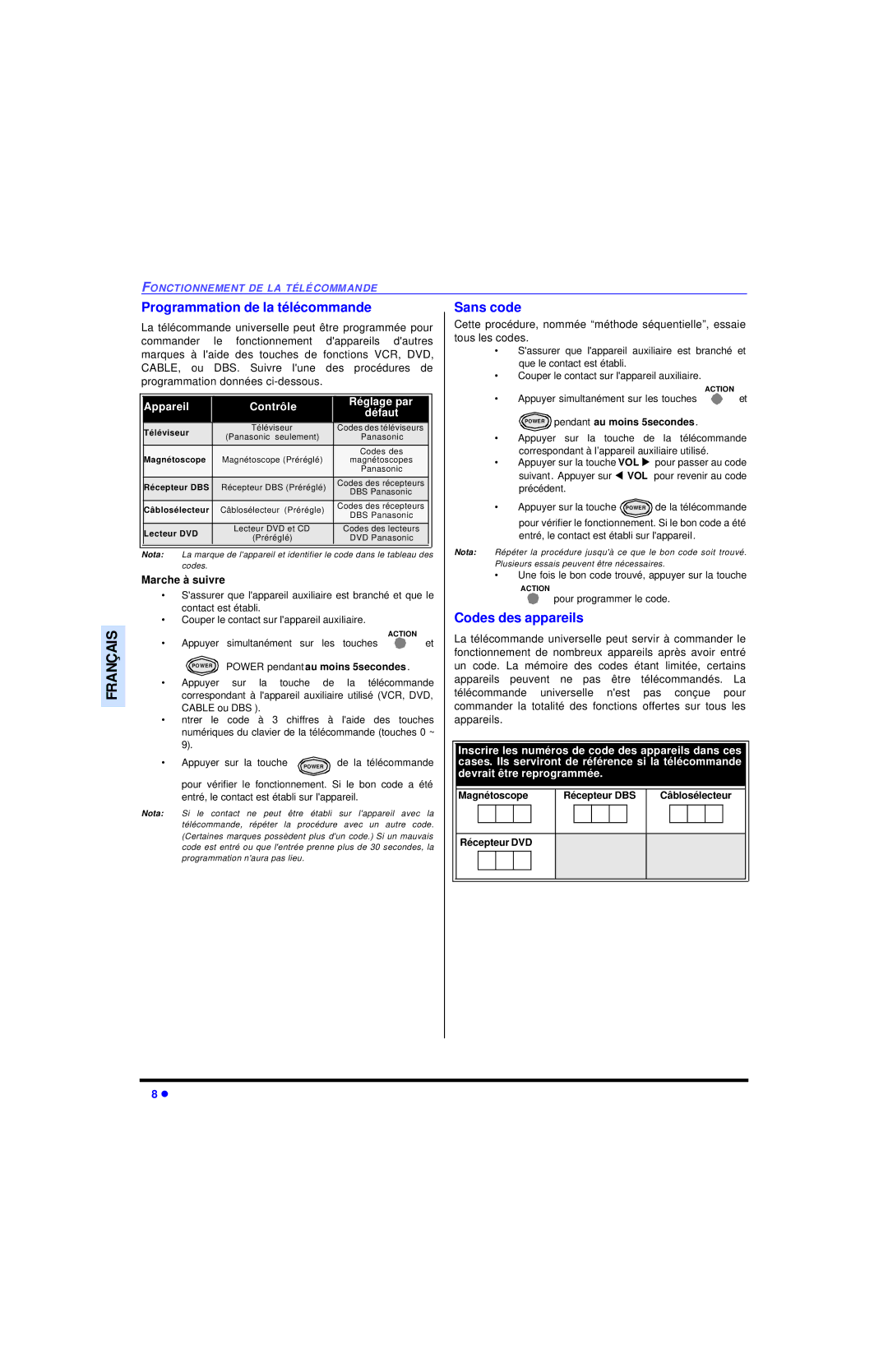 Panasonic CT-27SC13 manuel dutilisation Programmation de la télécommande, Sans code, Codes des appareils 