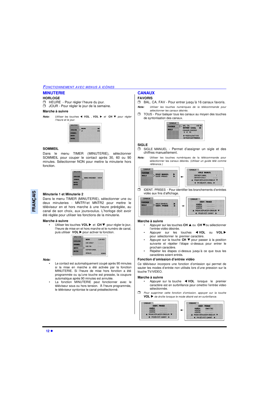 Panasonic CT-27SC13 manuel dutilisation Minuterie, Canaux 