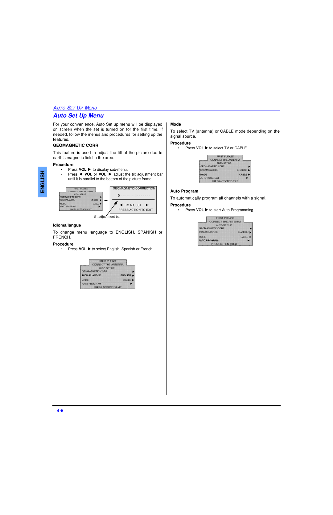 Panasonic CT-27SC13 manuel dutilisation Auto Set Up Menu, Geomagnetic Corr 