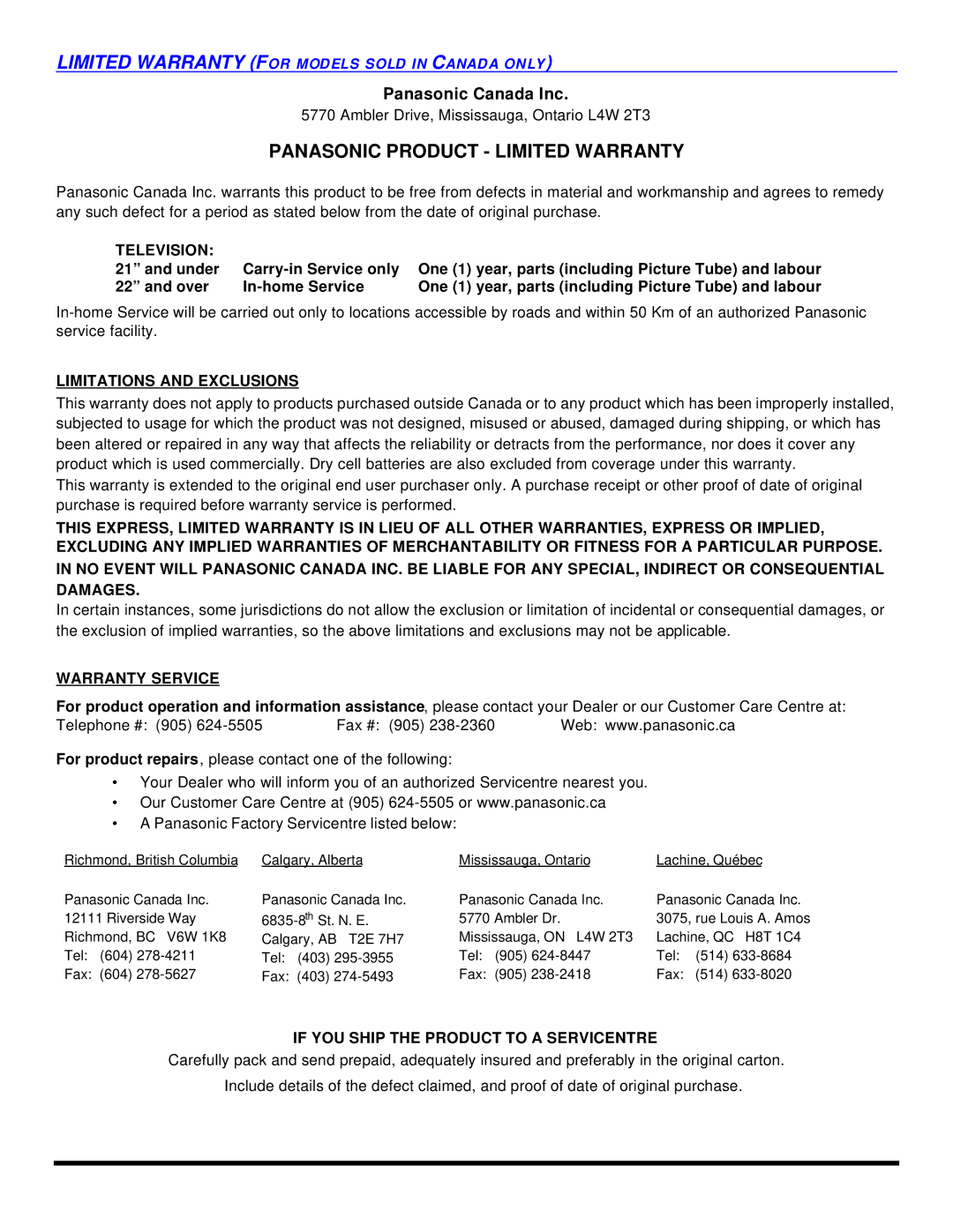 Panasonic CT-27SC13 Television, Limitations and Exclusions, Warranty Service, If YOU Ship the Product to a Servicentre 