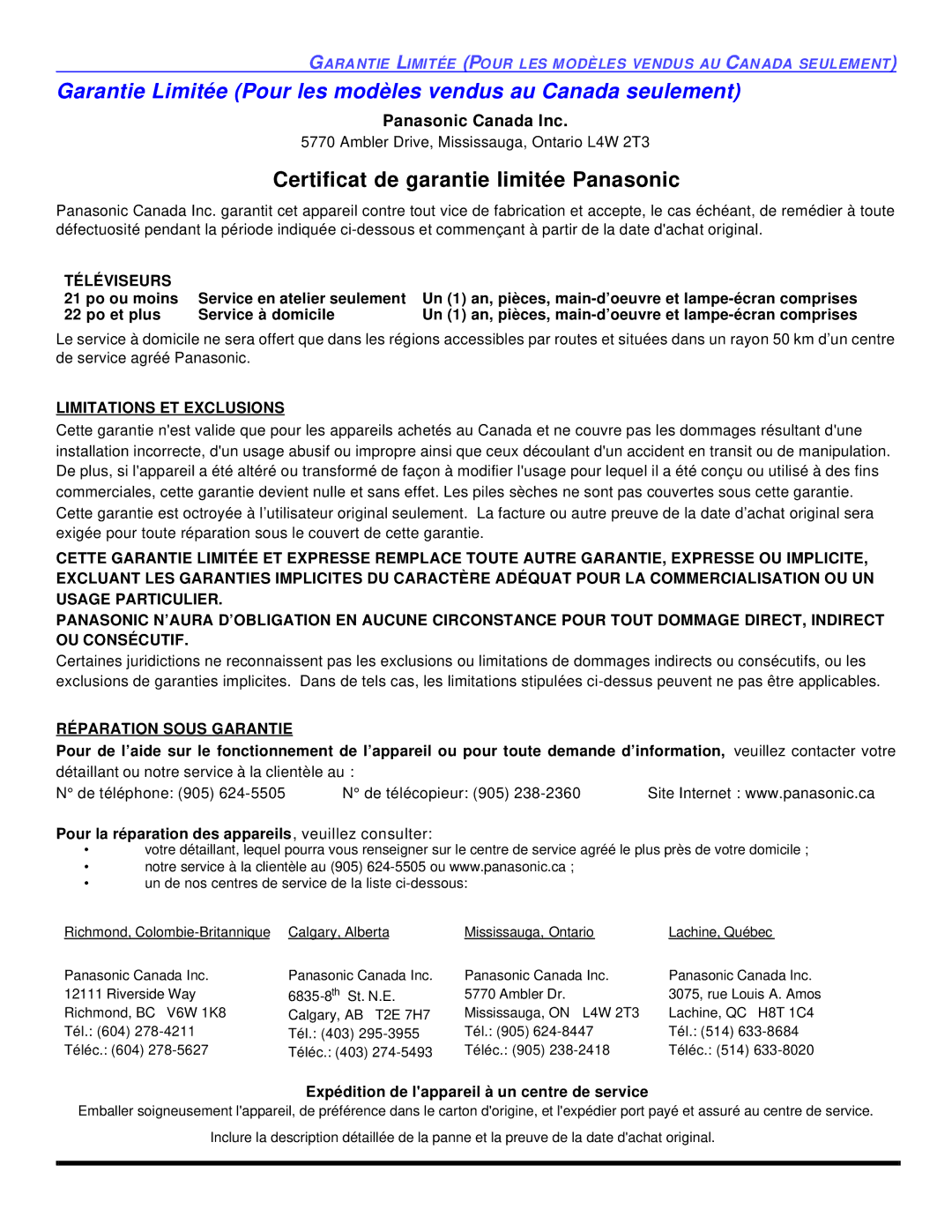 Panasonic CT-27SC13 manuel dutilisation Téléviseurs, Limitations ET Exclusions, Réparation Sous Garantie 