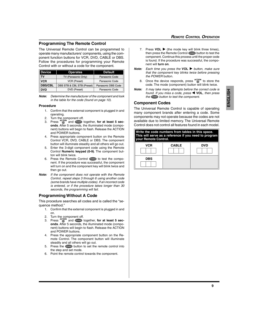 Panasonic CT 20SL15, CT-27SC15, CT 27SL15 Programming The Remote Control, Programming Without a Code, Component Codes 