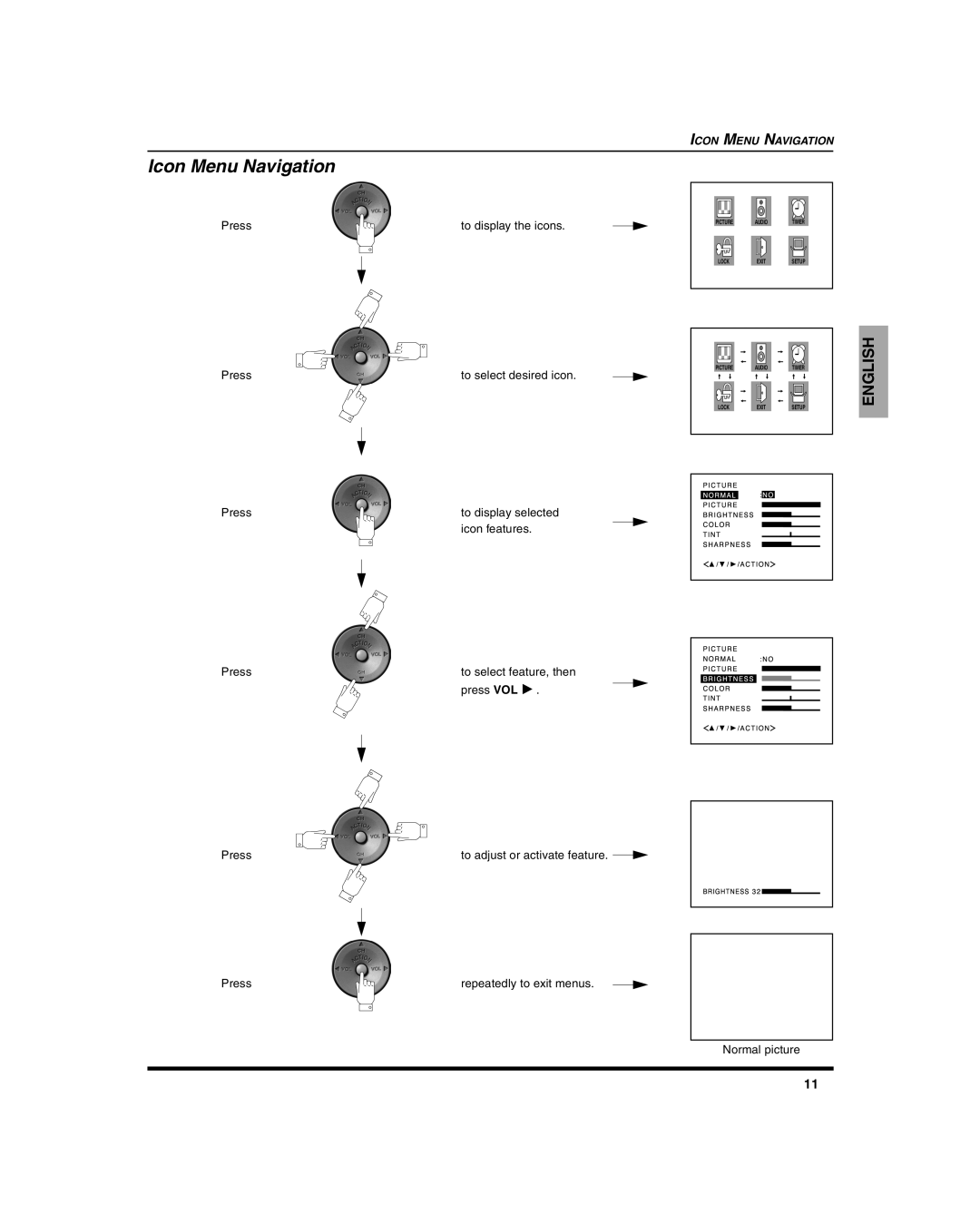 Panasonic CT 27SL15, CT-27SC15, CT 20SL15 manuel dutilisation Icon Menu Navigation, Press To select desired icon 