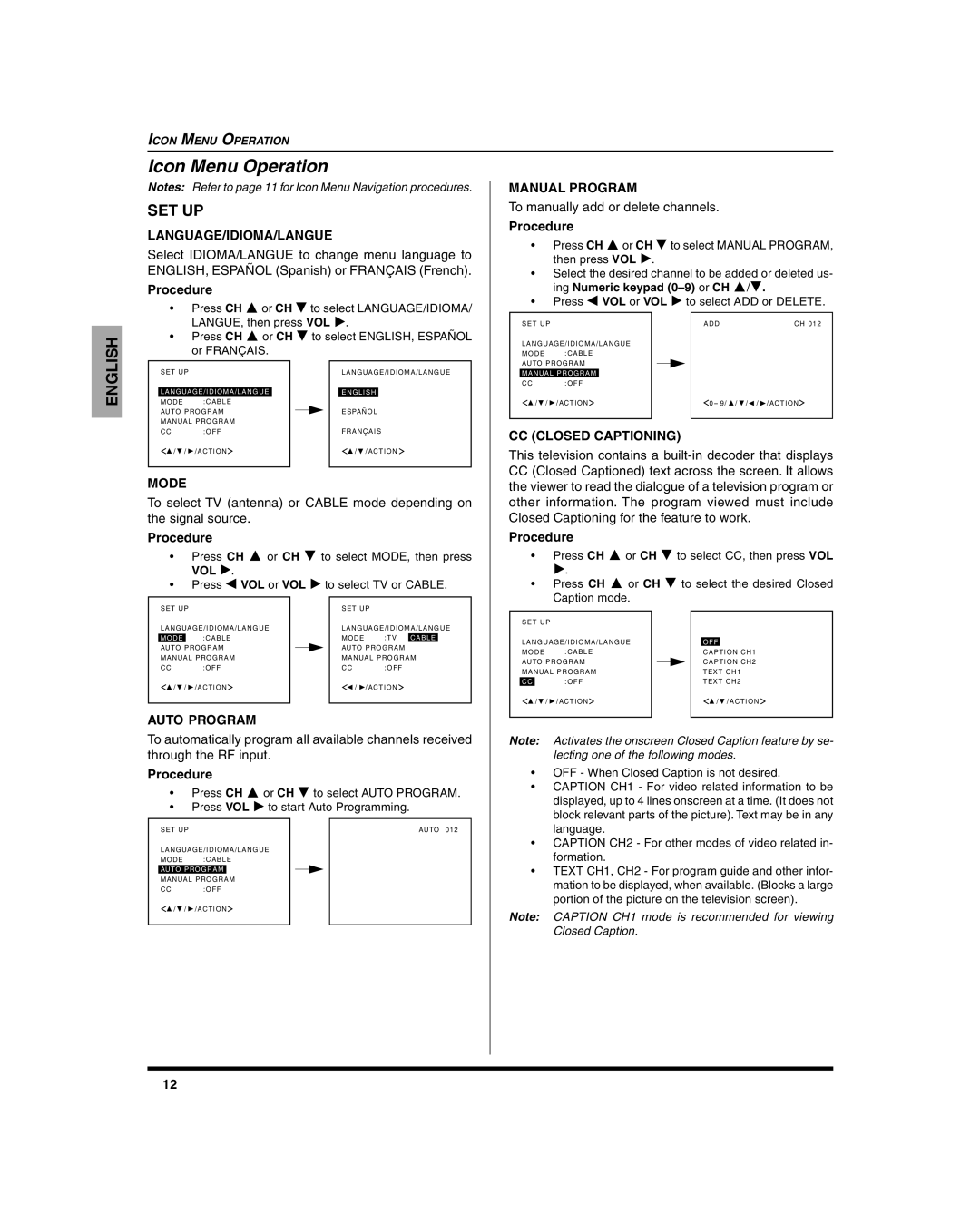 Panasonic CT 20SL15, CT-27SC15 Icon Menu Operation, Set Up, Language/Idioma/Langue, Manual Program, CC Closed Captioning 