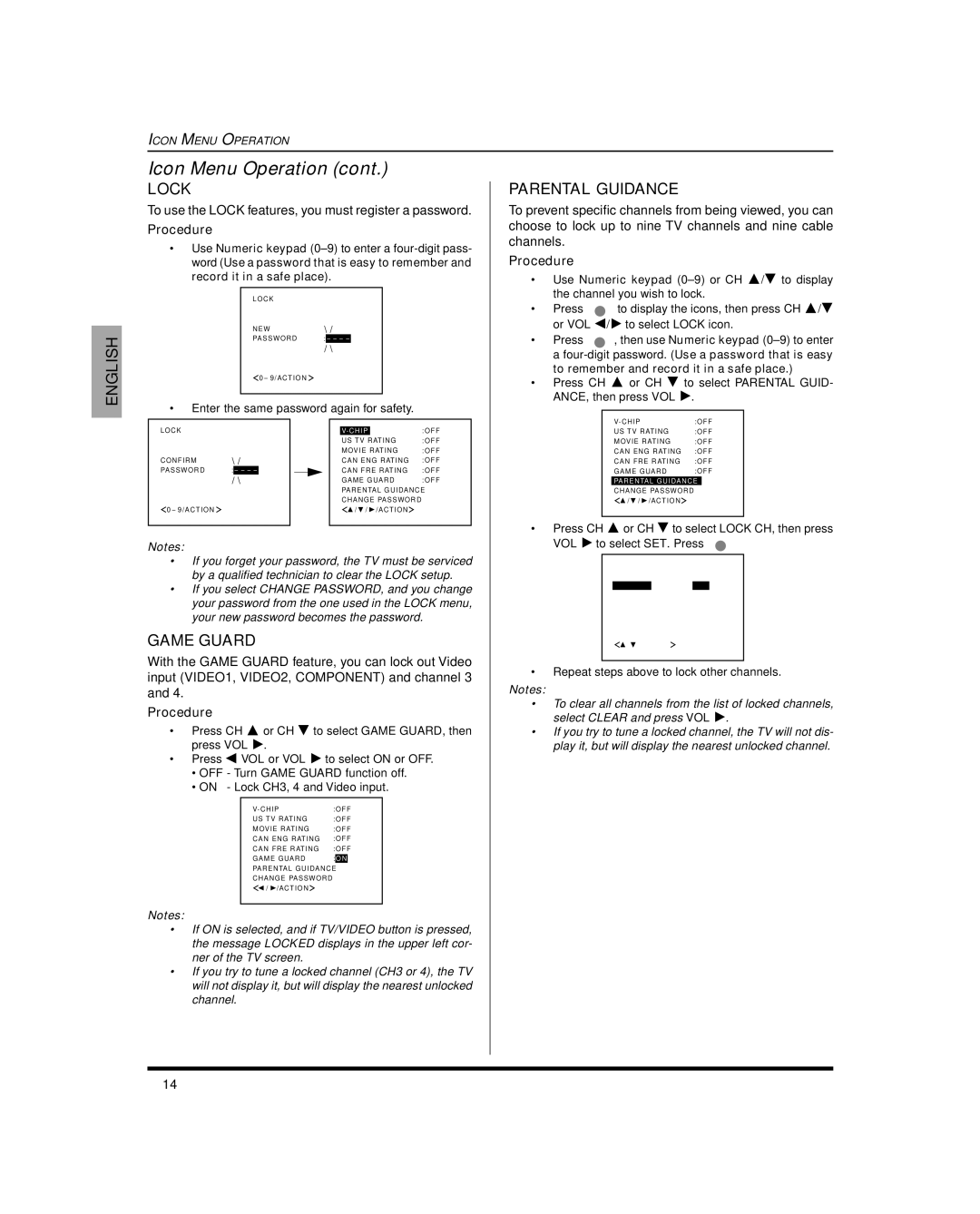 Panasonic CT 27SL15, CT-27SC15, CT 20SL15 manuel dutilisation Lock, Game Guard, Parental Guidance 