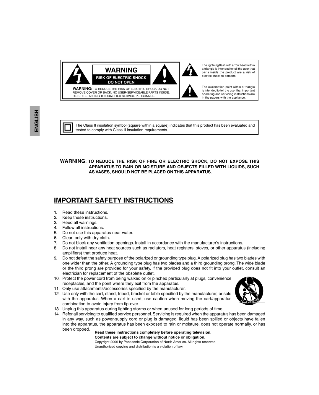 Panasonic CT 20SL15, CT-27SC15, CT 27SL15 manuel dutilisation English, Risk of Electric Shock Do not Open 