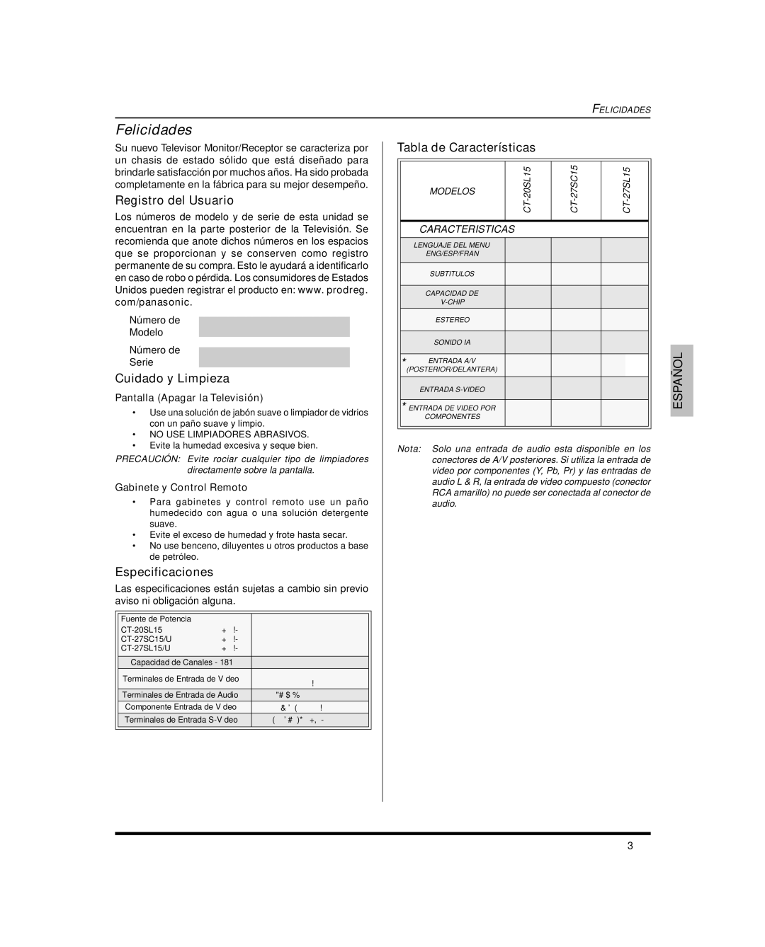 Panasonic CT 27SL15 Felicidades, Registro del Usuario, Cuidado y Limpieza, Especificaciones, Tabla de Características 