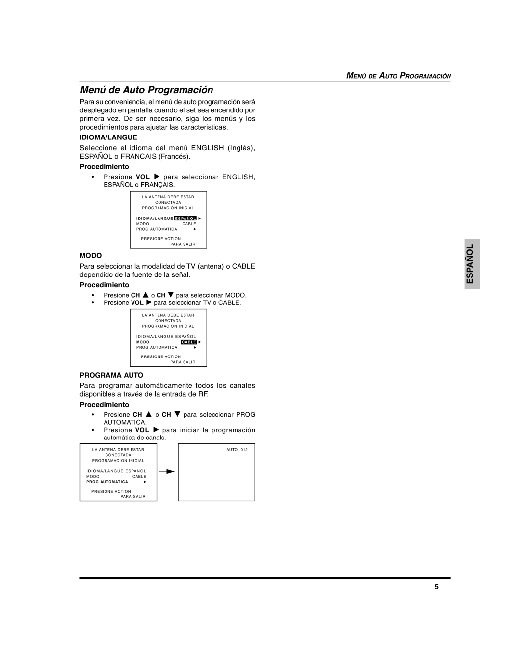 Panasonic CT-27SC15, CT 27SL15, CT 20SL15 manuel dutilisation Menú de Auto Programación, Modo, Programa Auto 