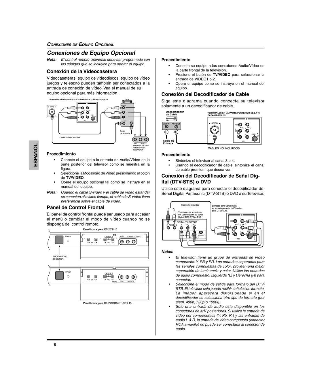 Panasonic CT 27SL15 Conexiones de Equipo Opcional, Conexión de la Videocasetera, Conexión del Decodificador de Cable 